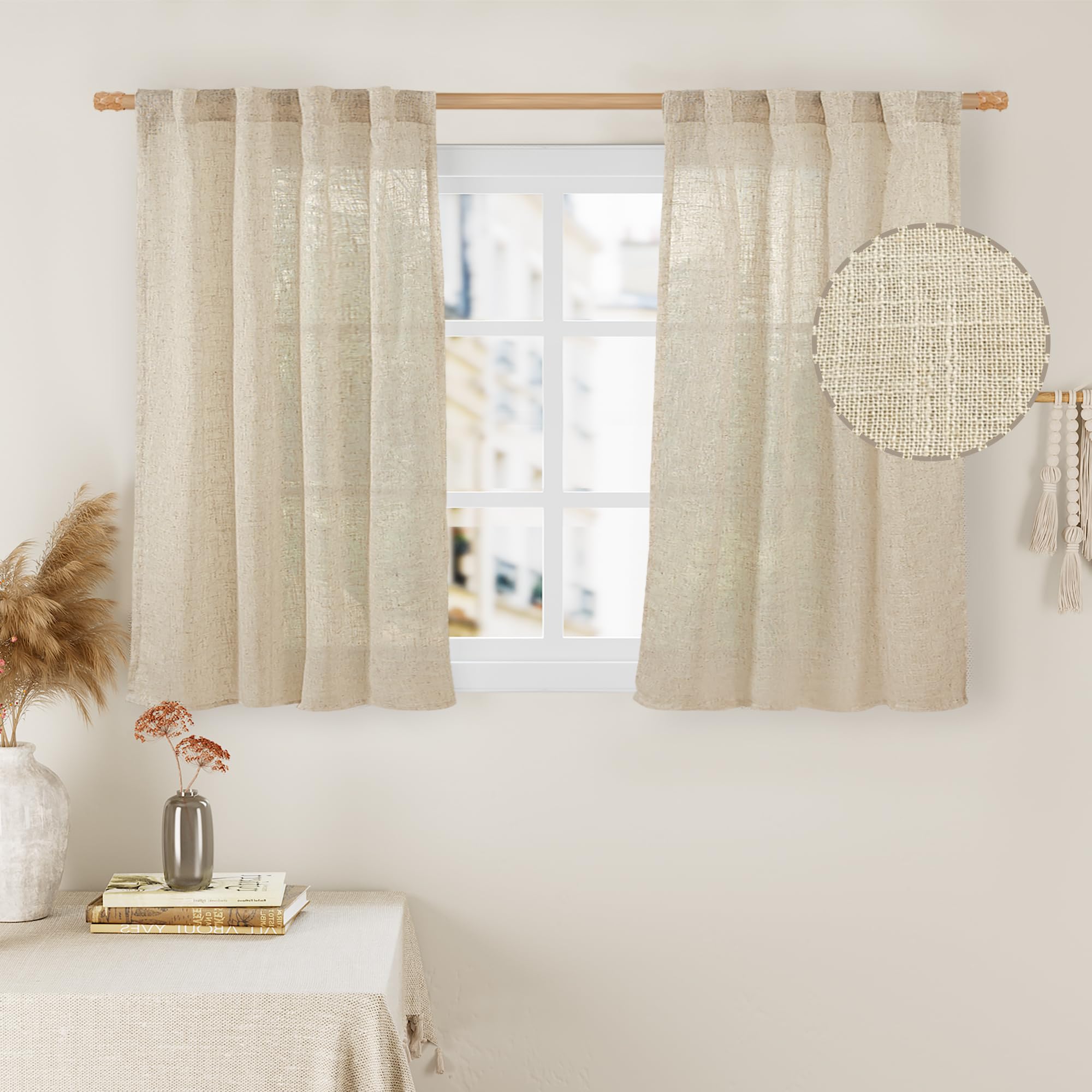 LAMIT Linen Curtains 40 Inch Length 2 Panels, Semi Sheer Light Filtering Panels Back Tab and Rod Pocket Neutral Drapes for Basement/Window/Loft Room,