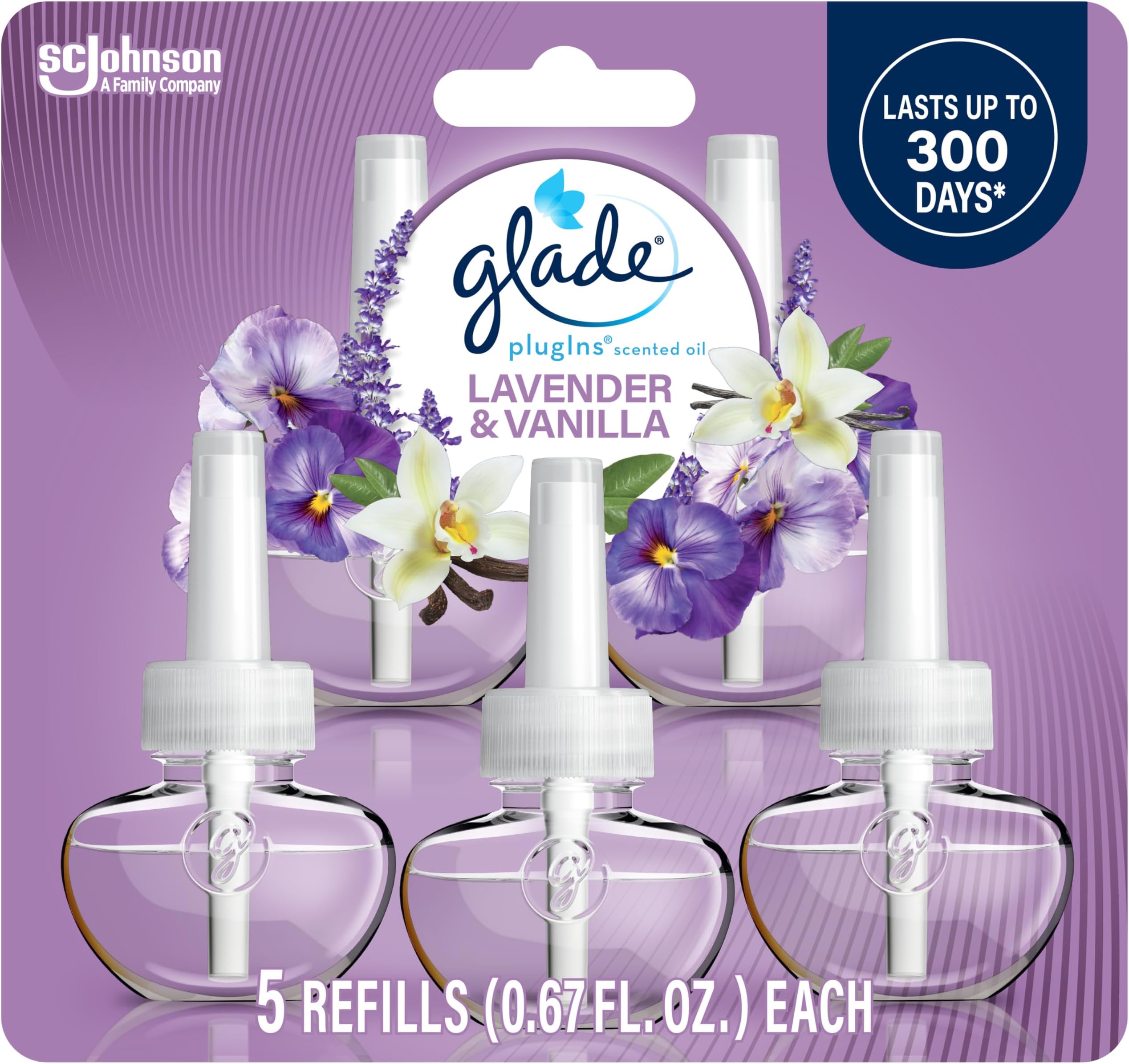 Glade PlugIns Refills Air Freshener, Scented and Essential Oils for Home and Bathroom, Lavender & Vanilla, 3.35 Fl Oz, 5 Count