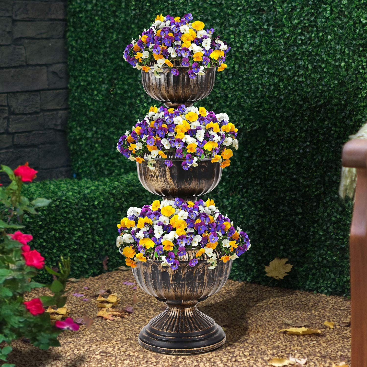 Thrink Bronze Effect 3 Tier Bronze Planter | Antique Indoor Outdoor Flower Fountain Planter | Garden Flower Plant Pot Stand Display