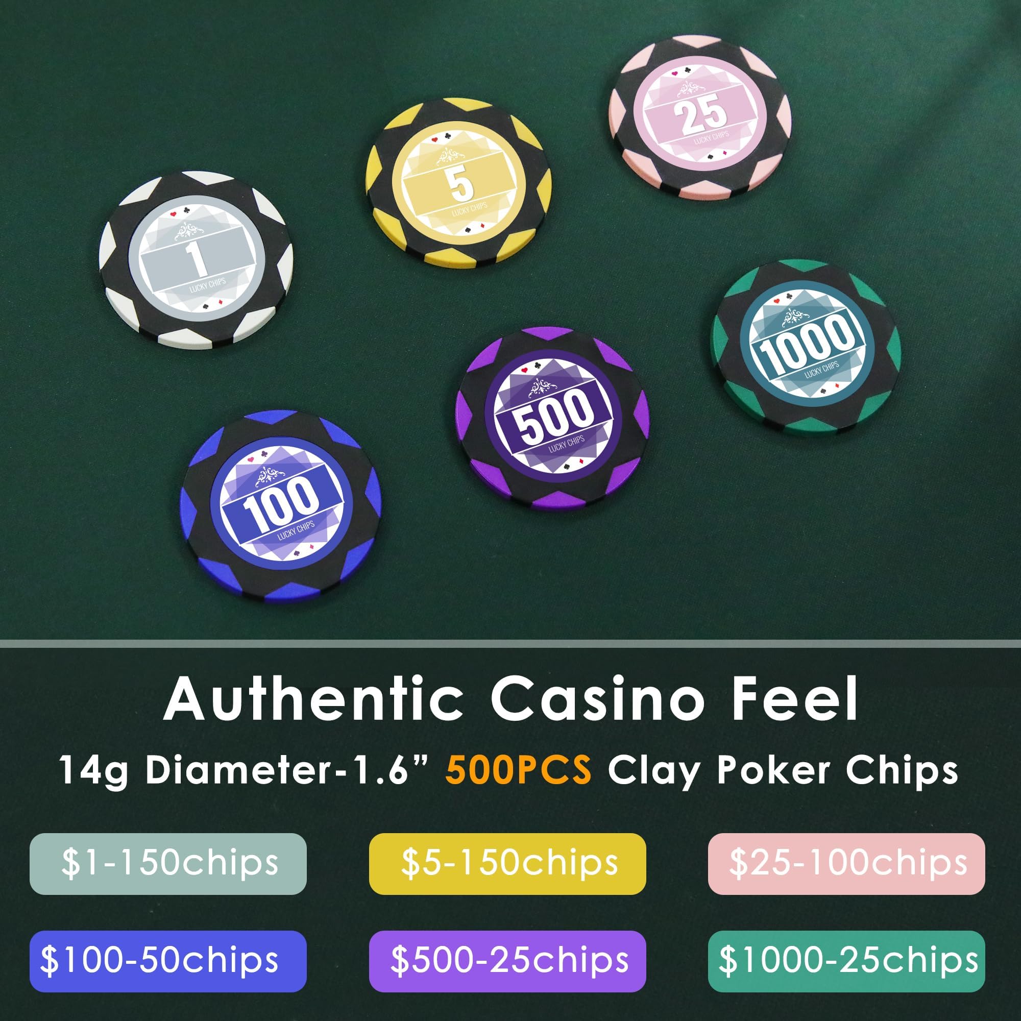 ORIENGEAR Zestaw pokerowy 500 szt. z numerowanymi żetonami glinianymi o gramaturze 14 gramów, zestawy żetonów Texas Hold'em Casino z 2 taliami plastikowych kart do gry, do gier hazardowych w