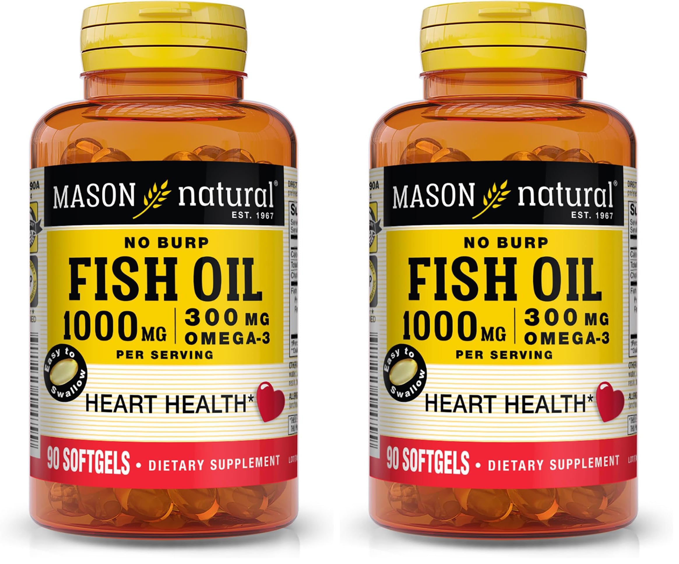 MASON NATURAL Omega 3 Fish Oil, 45,Day Supply, 1000mg with EPA and DHA for Joint Support, 90 Softgels (Pack of 2) 90 Count (Pack of 2)