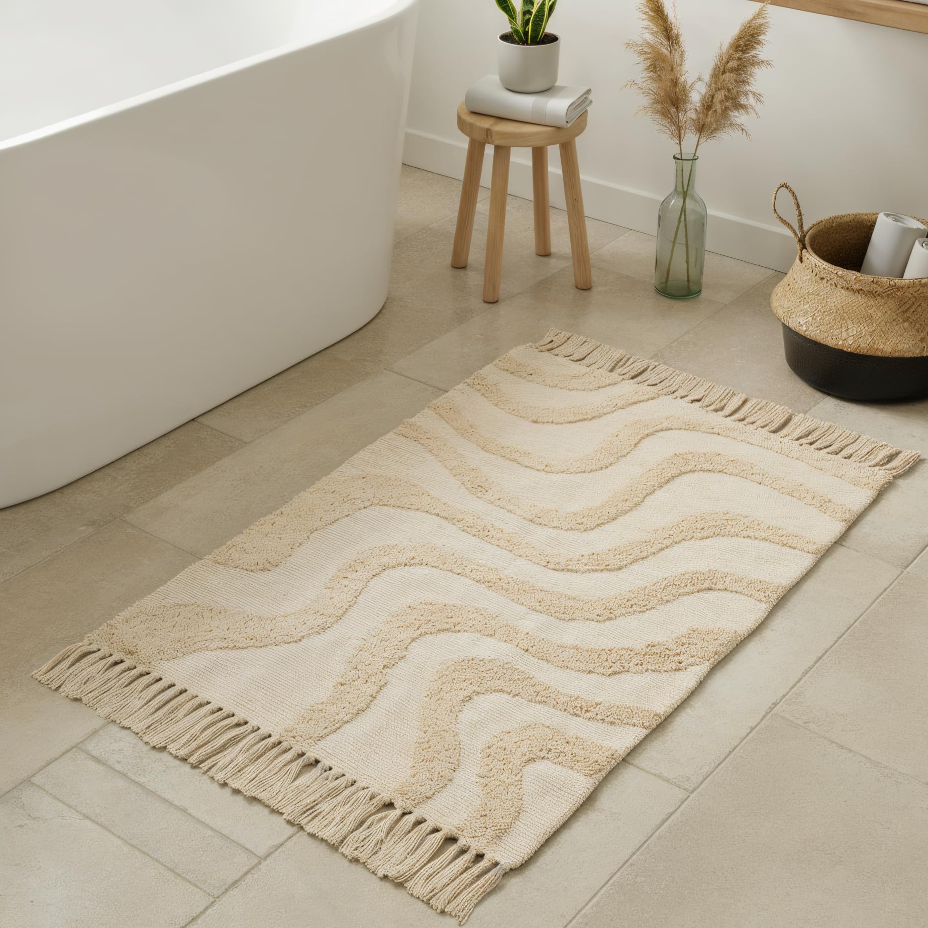 Beautiful Boho Rug with Tassels for Your Bathroom - Soft 2 x 3 ft Cotton Rug Fits Perfectly