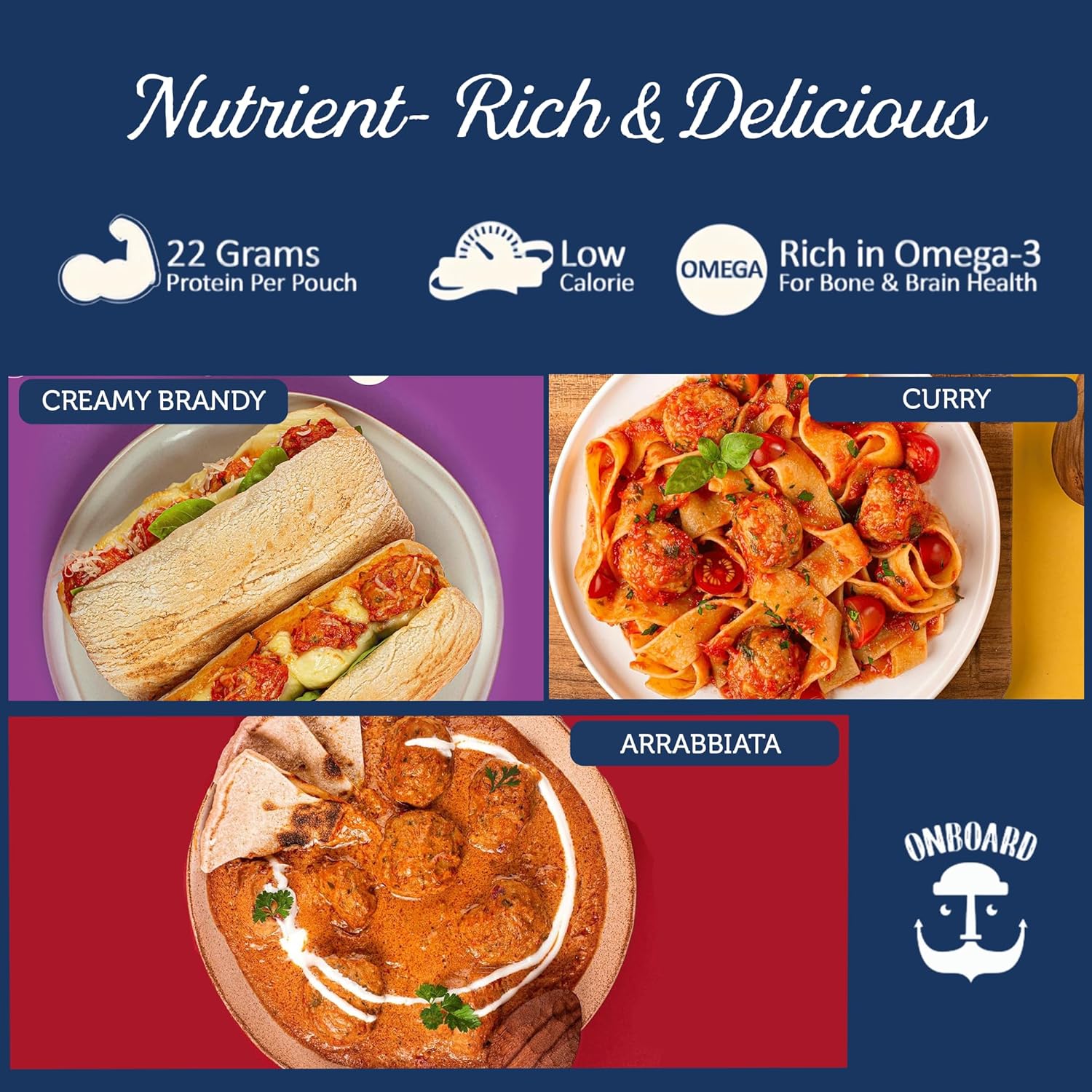 ONBOARD Yellowfin Assorted Tuna Bites 3 Pack (Curry Sauce, Arrabbiata Sauce, Creamy Brandy Sauce) - Tomato Sauce, Spicy, Italian-Inspired Culinary Adventure - Certified Dolphin Safe - Pasta Sauce, Rice Condiment, Indian Curry sauce, Microwaveable Meal Lovers