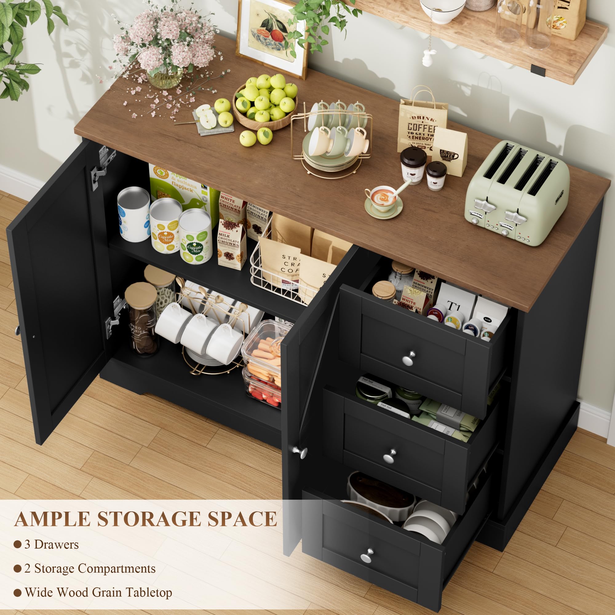 HOCSOK Sideboard, Küchenschrank mit 3 Schubladen und 2 Türen, Buffetschrank mit Arbeitsplatten für Küche, Esszimmer, Wohnzimmer, Schwarz & Braun