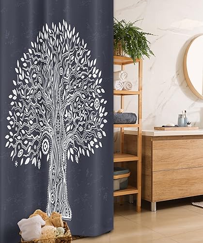 Miniatura 113 de Ambesonne Cortina de ducha hawaiana, diseño de hibisco hawaiano tropical, silueta de niña, tabla de surf, impresión de arte retro, juego de Fucsia