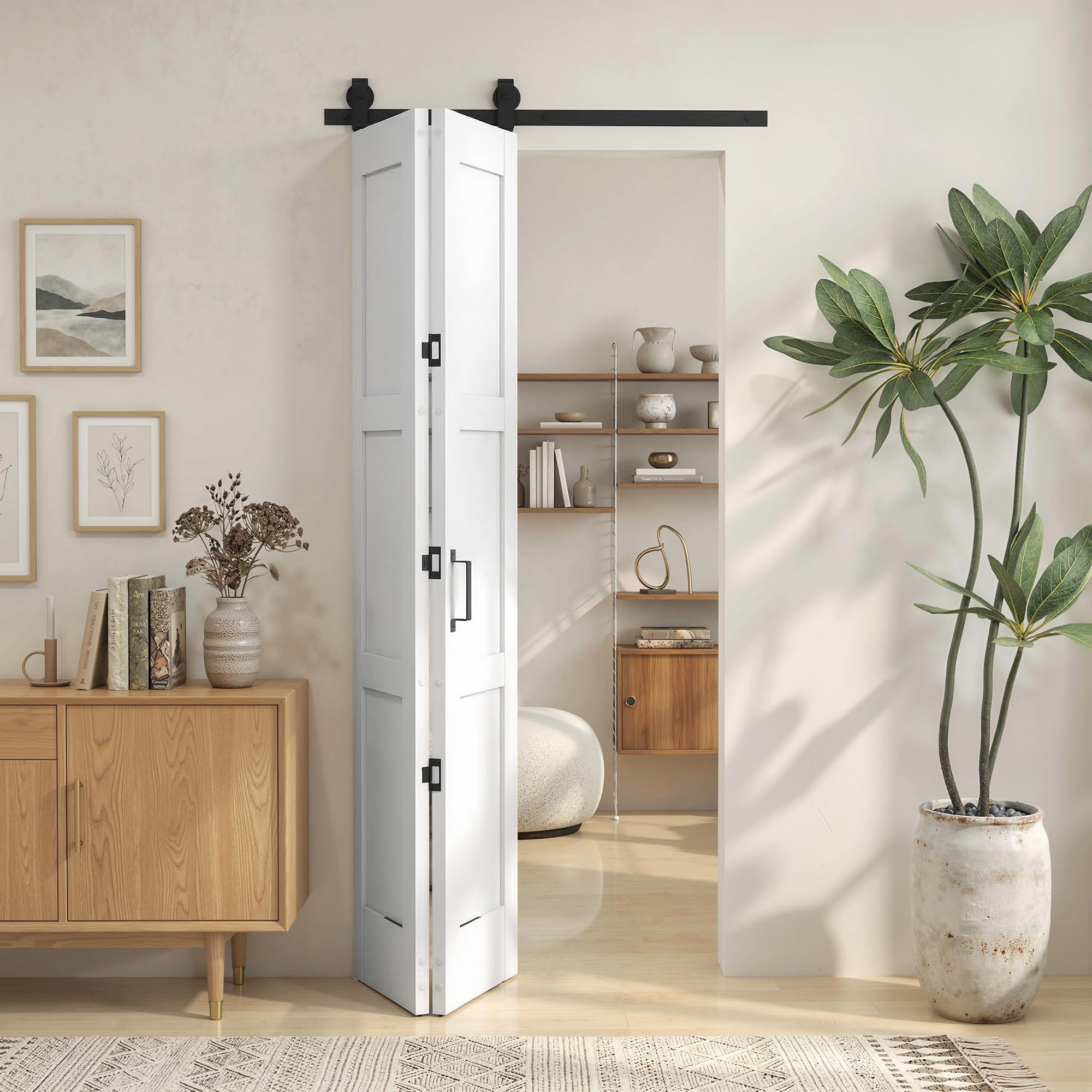 HOMCOM Puerta Corredera Plegable con Herrajes 91,4x213,4 cm, Puerta Corredera Interior con Rodillo, Riel de Acero, Guía de Suelo, Manija, para Baño, Salón, Sala de Estar, Blanco