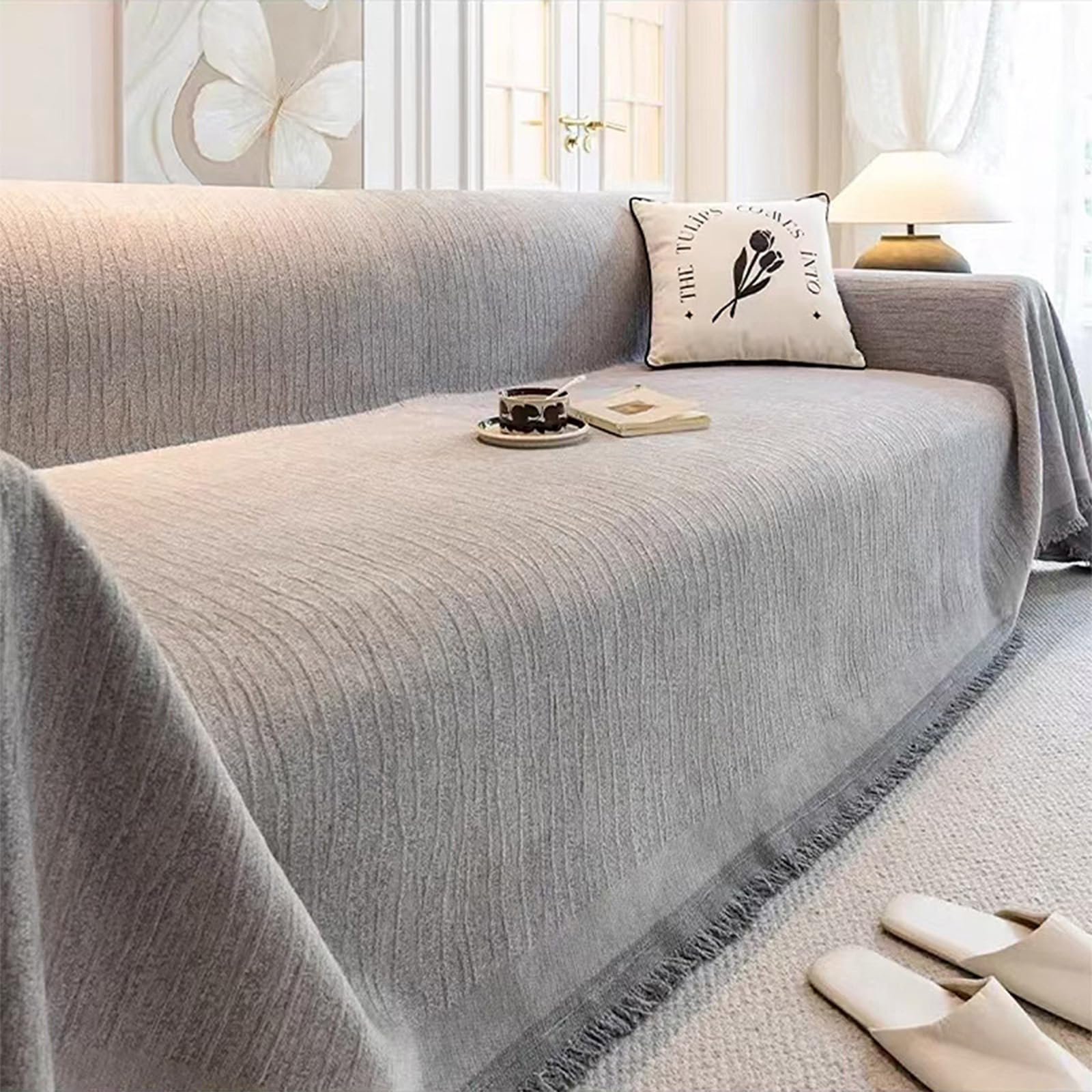 Zihpil Waterproof Sofa Cover for 2 3 4 Seater, Chenille anti cat scratch blanket(Line Gray,260 * 180cm)