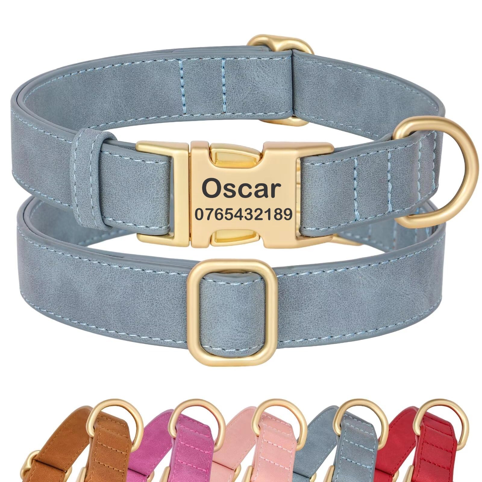 SEOUGEE Personalised Dog Collar with Engraved ID Name and Number, Custom Soft PU Leather Dog Collars, Adjustable & Durable Pet Collars with Quick Release Metal Buckle for Puppies (XS, Blue 20-30cm)