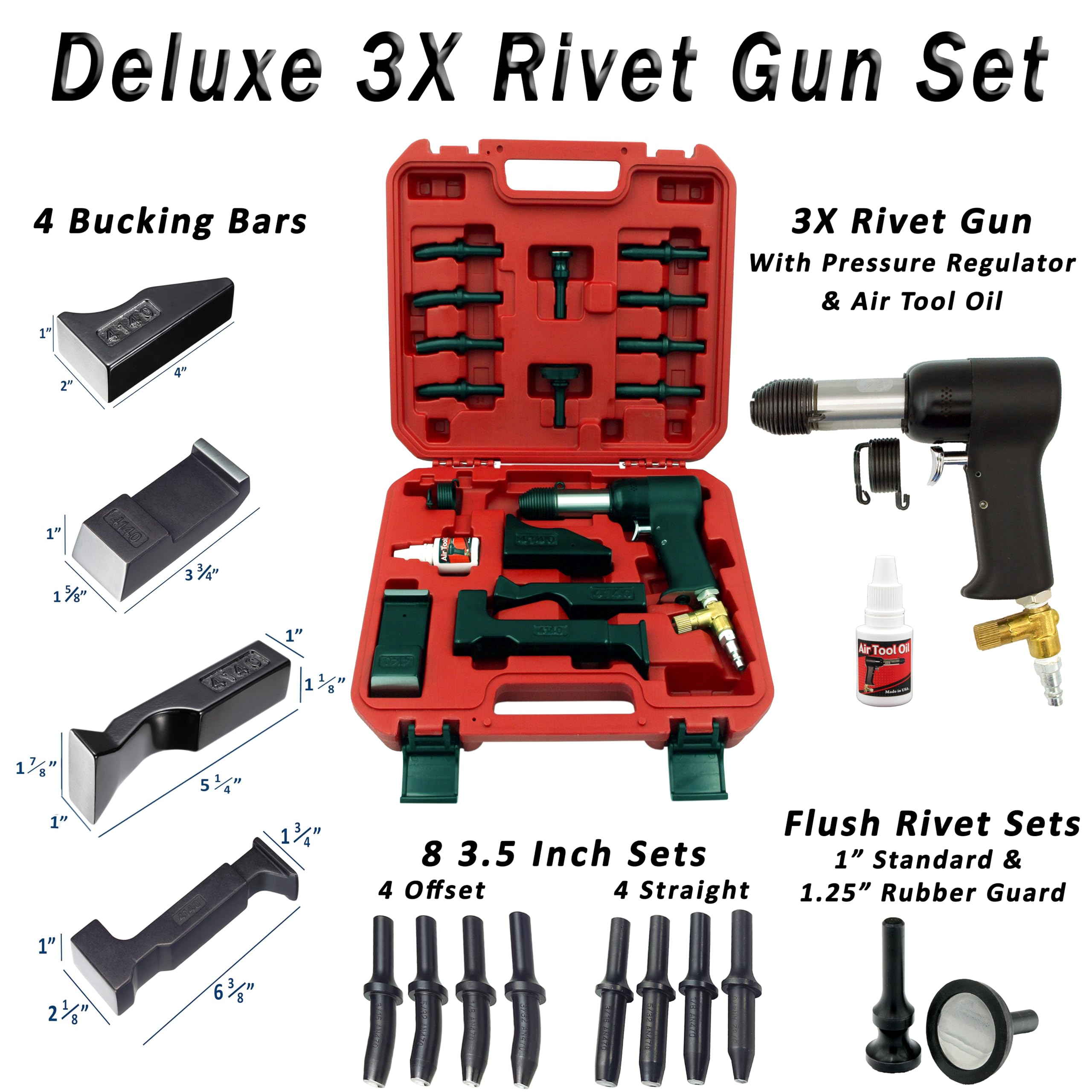 Wicks Aircraft 3X Deluxe Rivet Gun Set, Includes: 3X Rivet Gun, 4 Bucking Bars, 10 Rivet Sets, and Air Tool Oil.