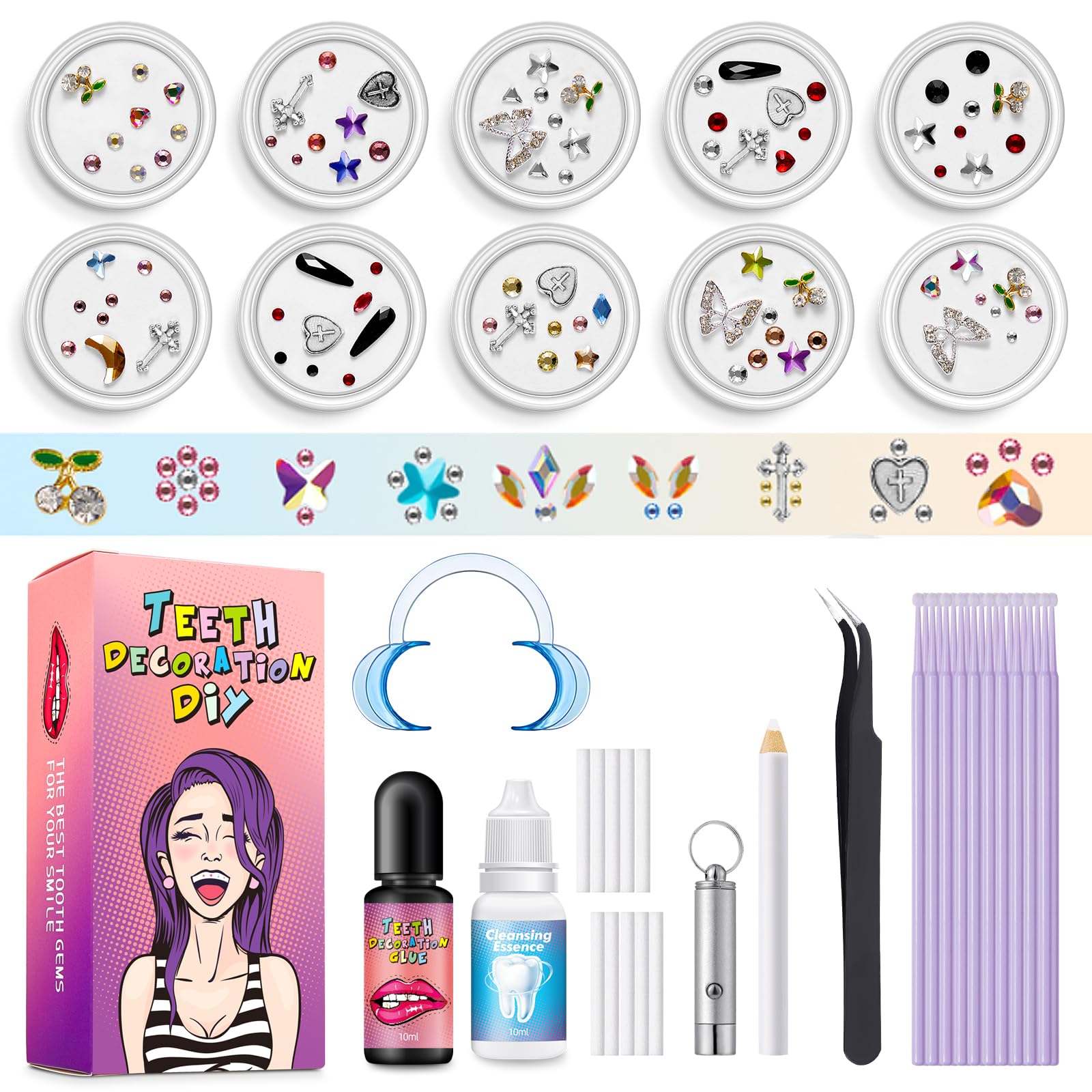 YOYOWY Tooth Gem Kit,Teeth Jewelry Kit with Glue and Light,Tooth Gems Kit for Teeth,DIY Tooth Gem Kit Professional,Fashionable Shining Crystal Teeth Jewelry Sweet Smile Gems (10 Box Crystal)