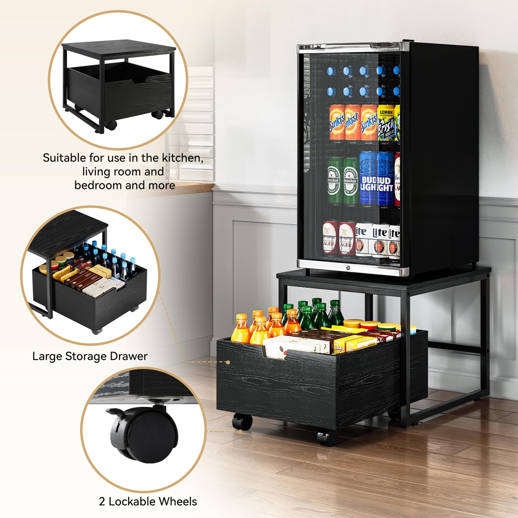 TC-HOMENY Mini soporte para refrigerador con almacenamiento, mini estante de mesa para nevera con rueda móvil bloqueable, soporte compacto para refrigerador, gabinete de almacenamiento para