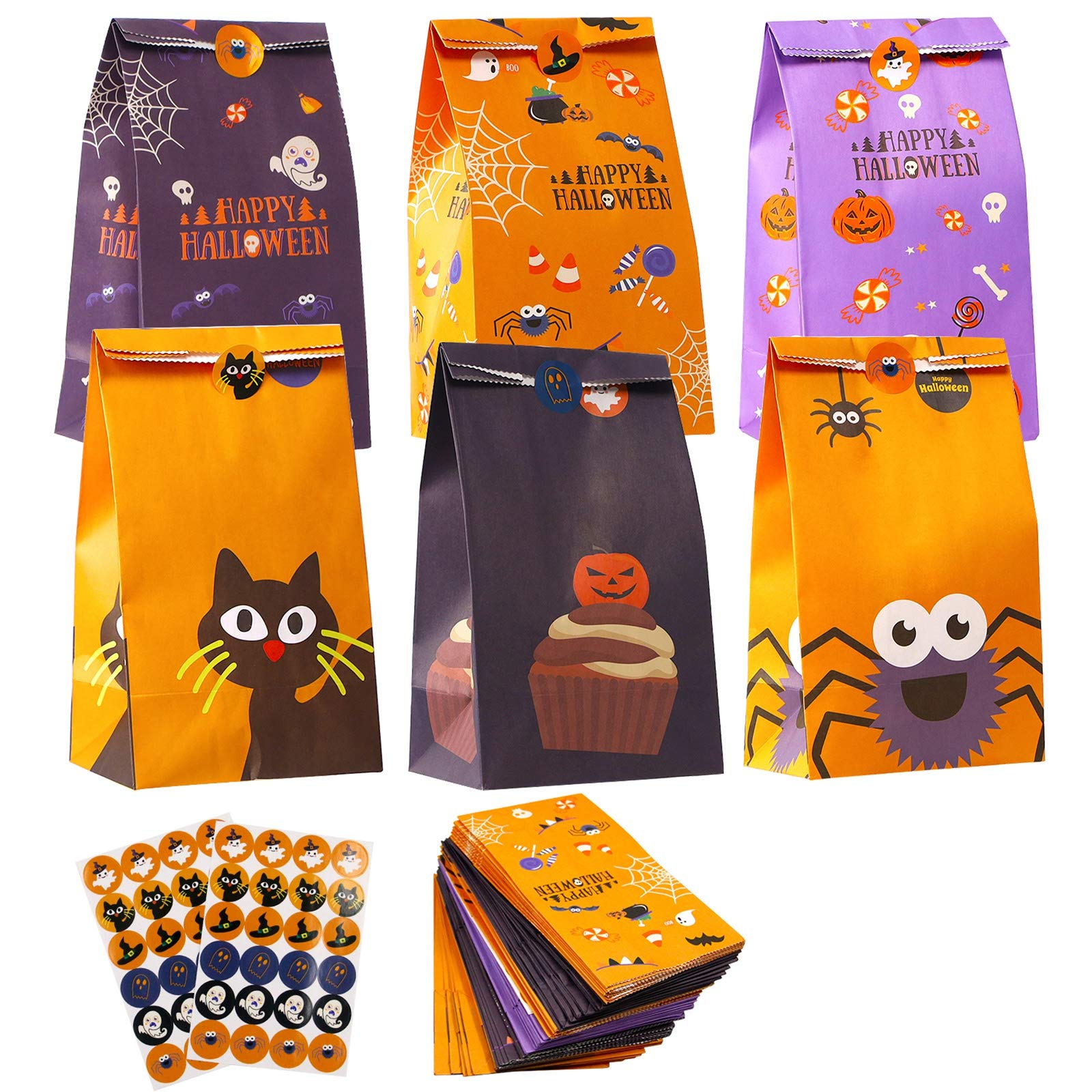 56 Pcs Halloween Goodie Bags Bulk With Zipper & Handles - 8 Cute Designs, Trick Or Treat Candy Pouches