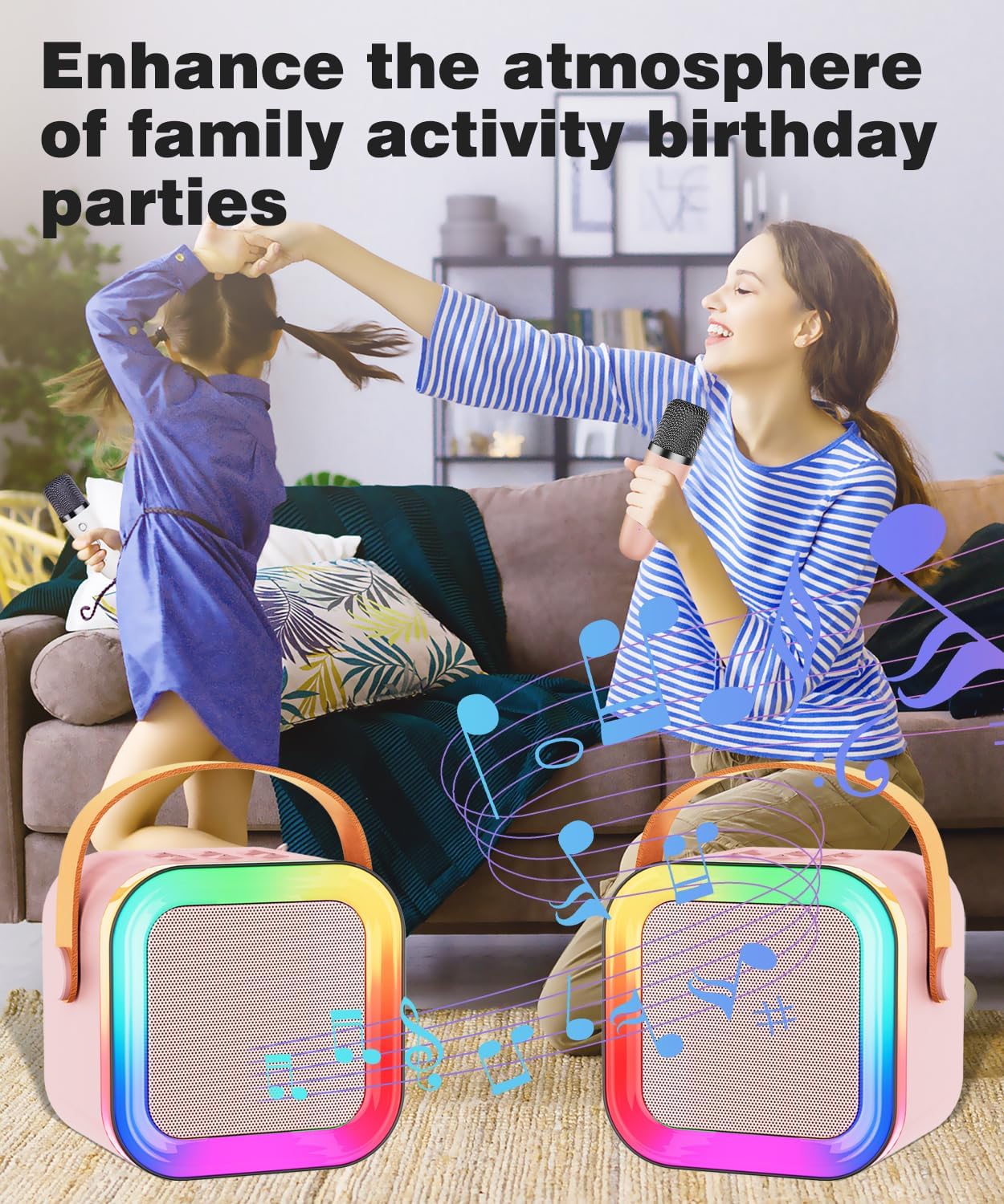 Mini Karaoke Machine Speaker for Kids Adults,Portable Bluetooth with 1-2 Wireless Microphones,Christmas Birthday Gifts Toys Girls Boys Ages 4, 5, 6,7, 8,9,10,11,12+ Years Old Toddler (Pink - 2 Mic) - Image 6