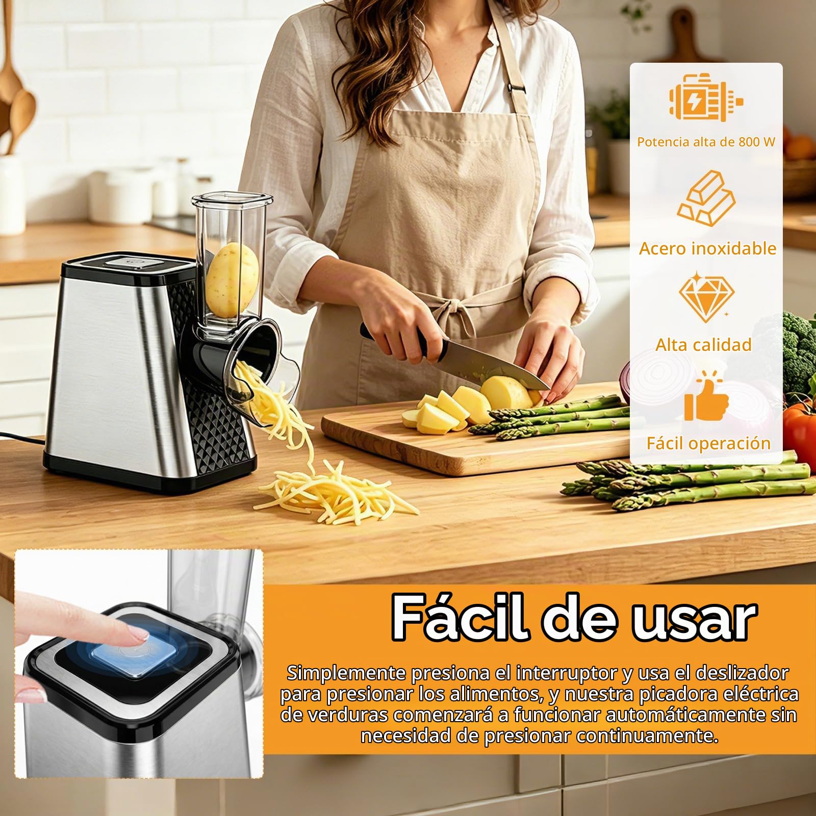 Cortador de Verdura, Cortador de Verduras Eléctrico 5 en 1 con 5 Cuchillas de Acero Inoxidable Rallador de Verduras Multifuncional de 800 W para Queso Duro Zanahorias Pepinos Patatas Repollo