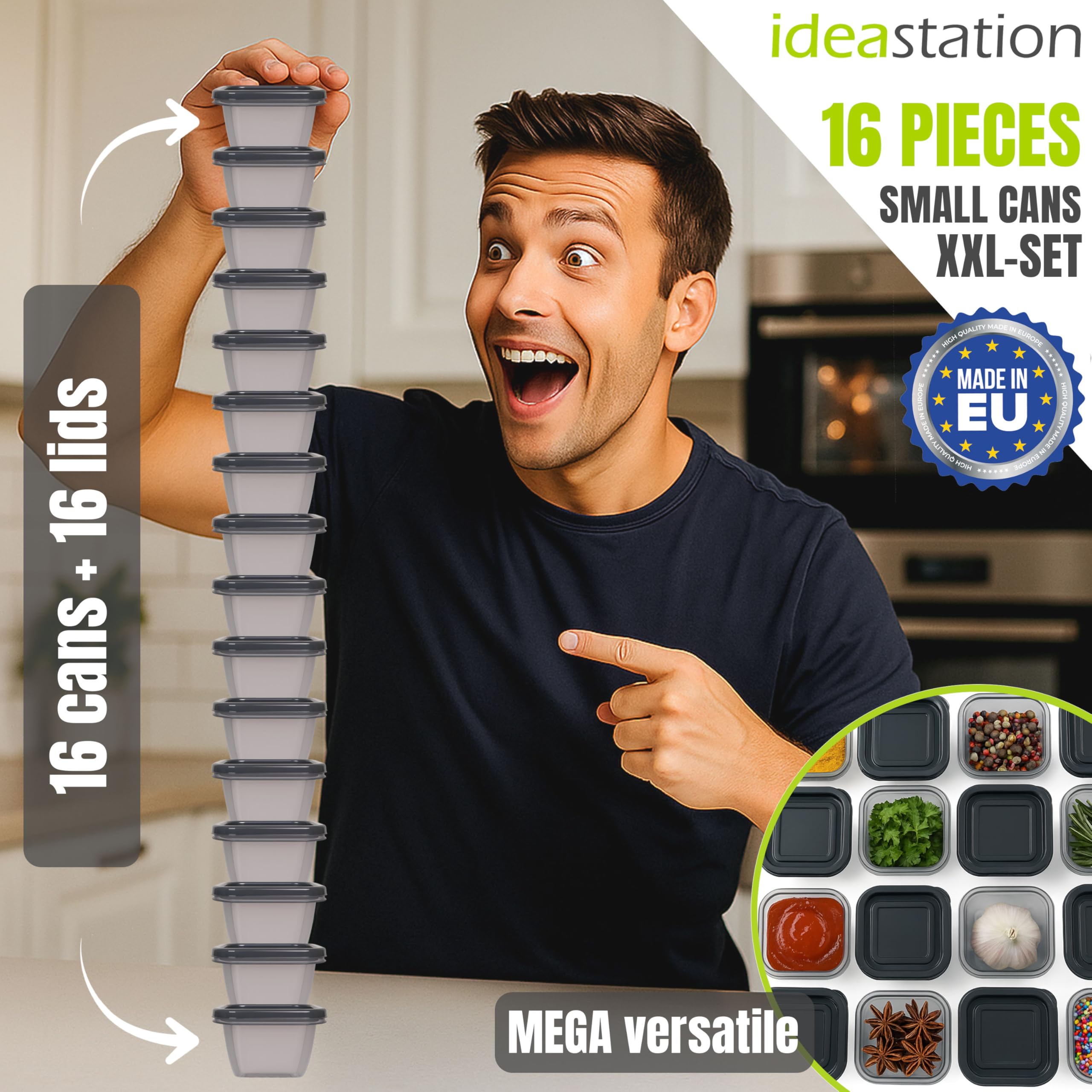 16 Mini Contenitori Per Congelatore 100 Ml – Antracite, In Plastica Senza BPA, Impilabili, Per Alimenti E Salse