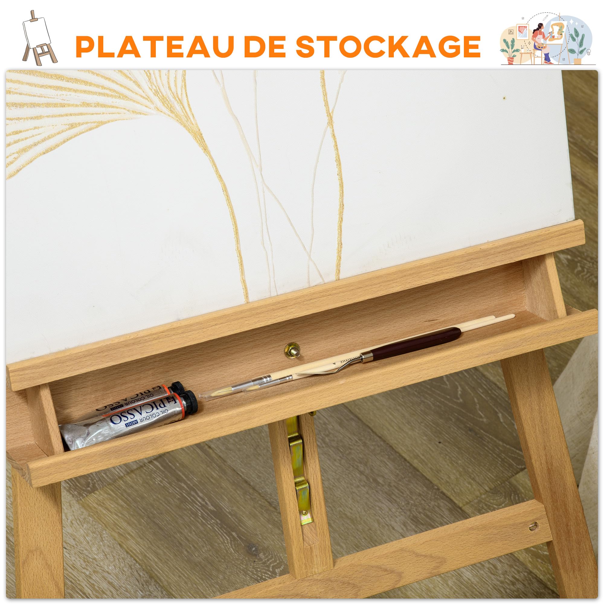 Vinsetto Chevalet de peinture, chevalet d'artiste pliant en bois de hêtre, avec angle et hauteur réglables, 65 x 110 x 180-235 cm, bois naturel