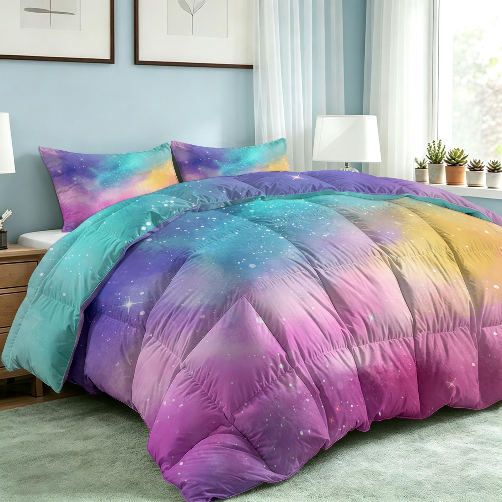 Traumhaft Stil Bettdecke Ohne Bezug 155 x 220 cm, 4 Jahreszeiten Steppdecke mit Regenbogen Farbverlauf Sterne Design - Waschbar Hautfreundlich Ganzjahresdecke mit 2 Kissenbezügen 80x80 cm