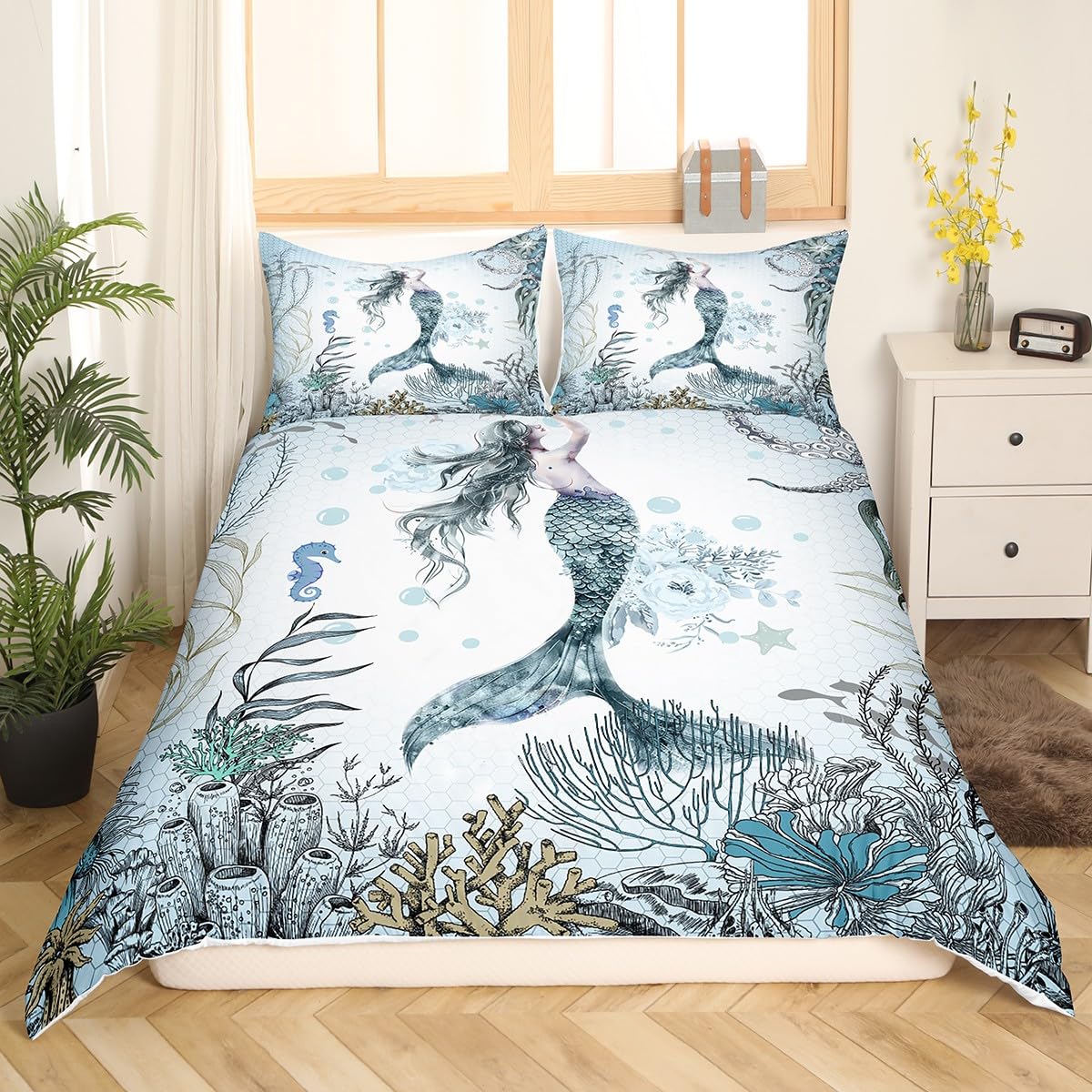 Feelyou Girls Mermaid Comforter Cover Set Queen Size Ocean Life Sea Animal Bedding Set for Kids Boys Girls Children Fish Scales Bedding Duvet Cover Set Room Decor Pastel Bedspread Cover 3Pcs