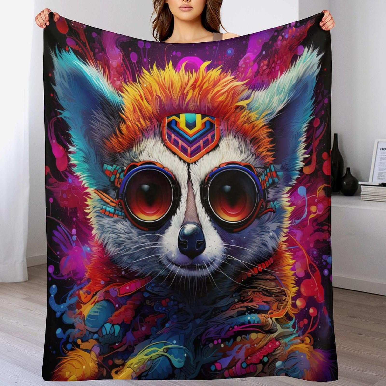 Lemur Animal Fleece Blanket Throw, Machine Washable Flannel Plush Throw Blanket for Bed Couch Sofa Chair, Super Soft Fuzzy Cozy Printed Blanket for Kids Boys Girls,（100×130cm）