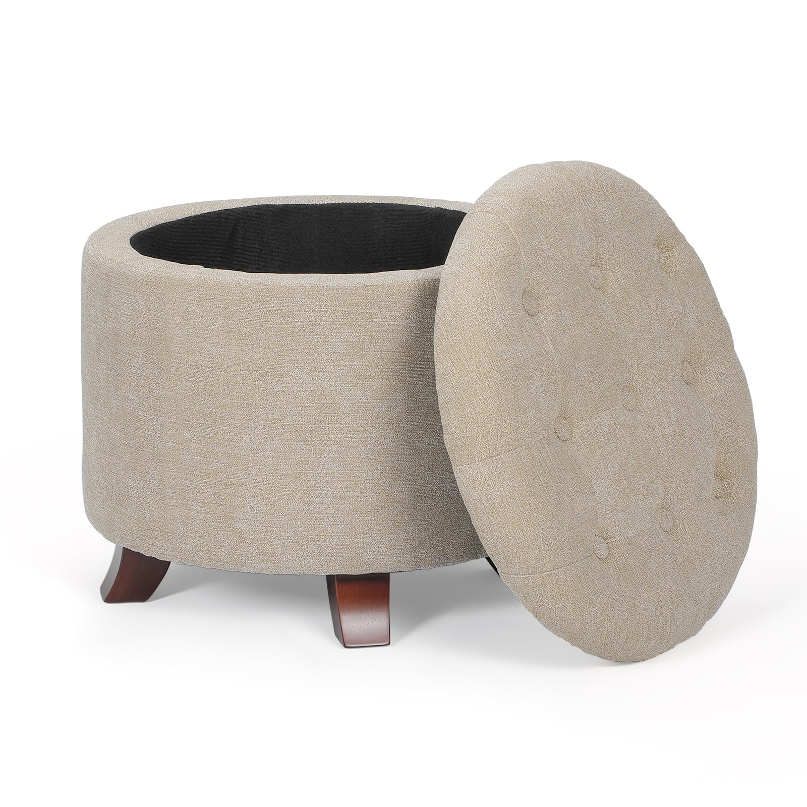 Athena Collection 20 Inch Small Ottoman with Storage, Round Linen Fabric Storage Ottoman with Removable Lid, Stylish Footstool Foot Rest for Living Room, Bedroom, Dorm, Khaki