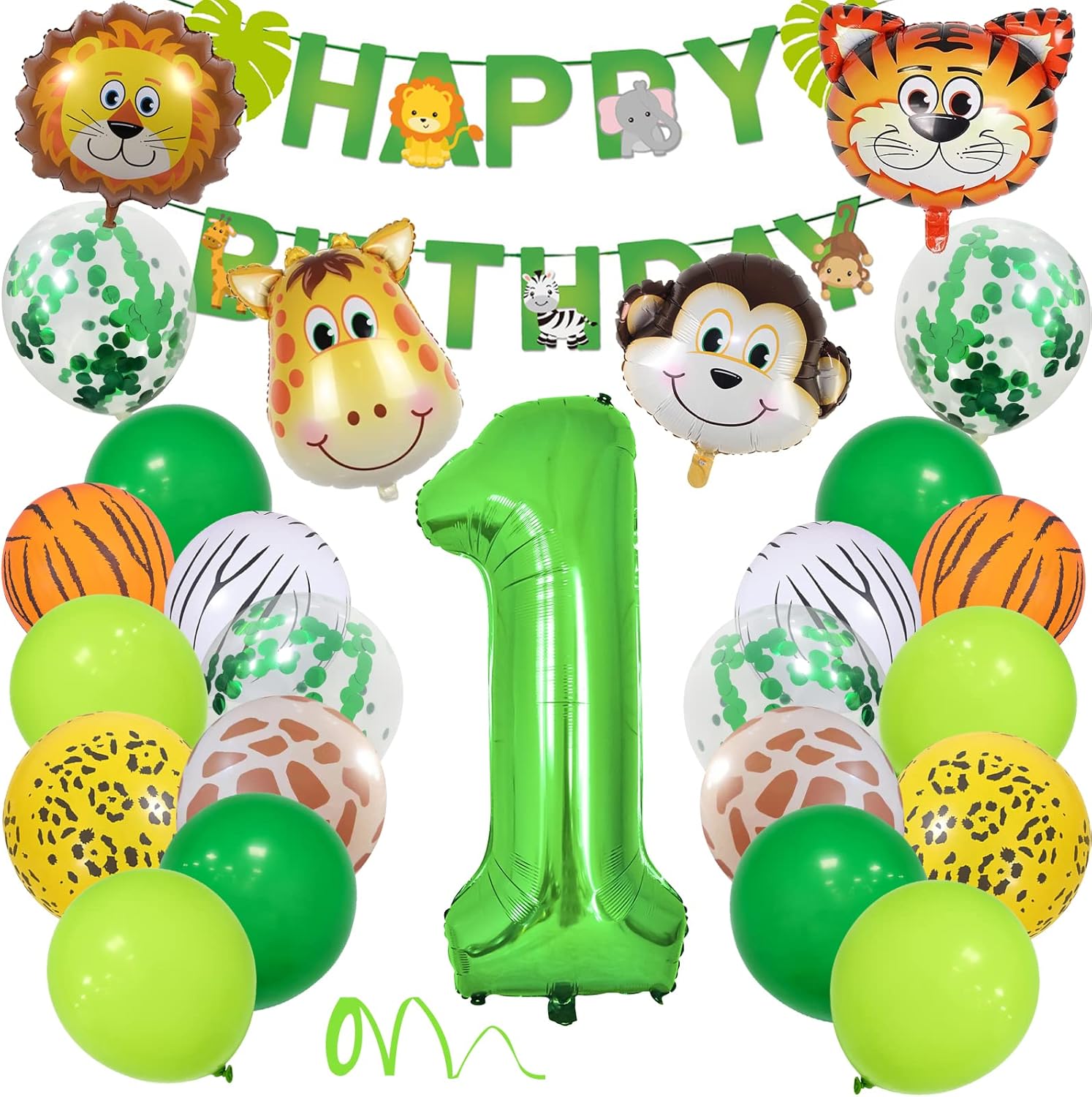 1 Año Decoracion Cumpleaños, Selva Fiesta Cumpleaños Decorar con Globos Animales Safari Happy Birthday Banner 40'' 1 Globo para Wild One Infantil Niño Suministros de Primer Cumpleaños