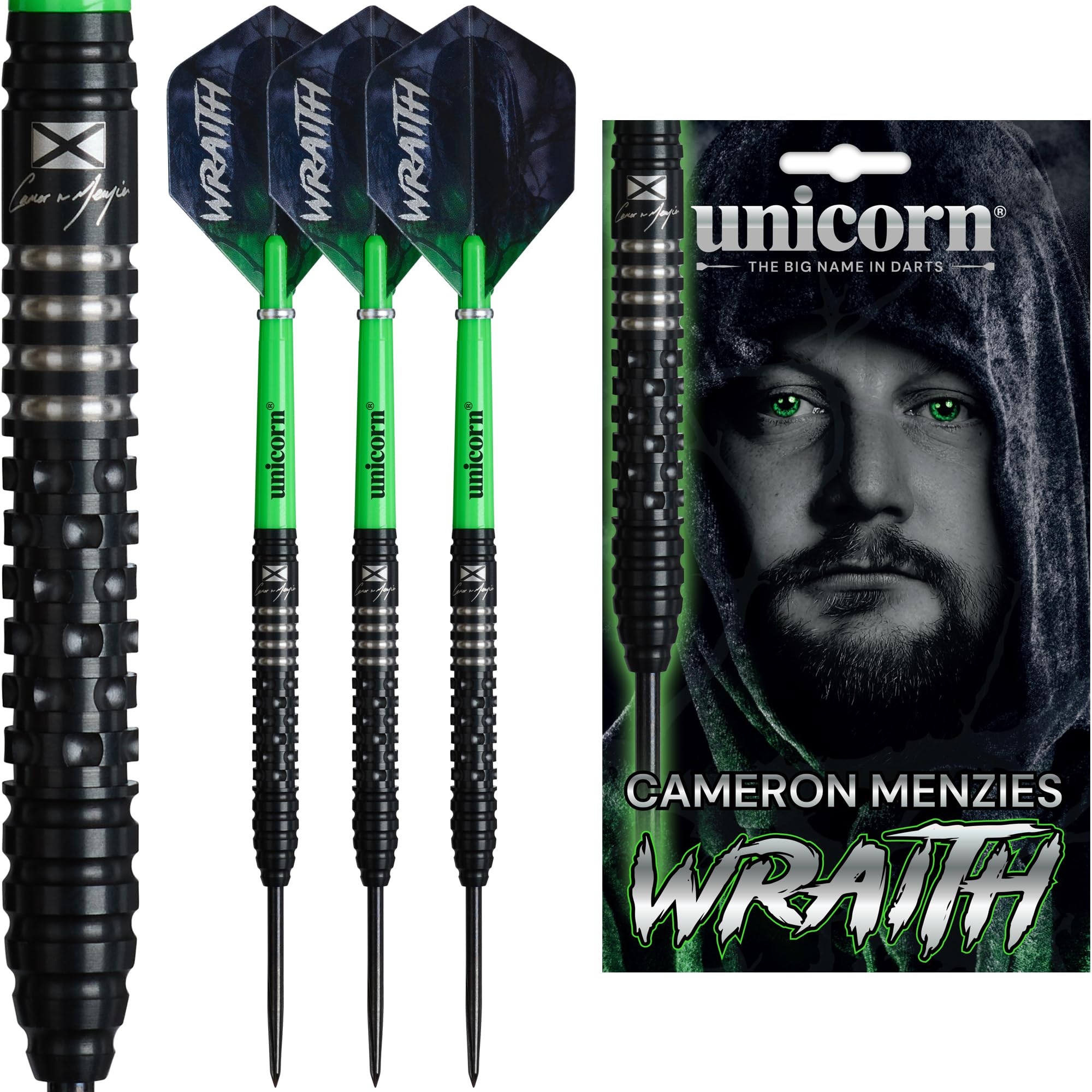 Unicorn | Cameron Menzies | Wraith | 90% Tungsten Barrels Extra Grippy Machined Grooves | Steel Tip Darts Set | Cammy | Noir Black Volute Points | 21g, 23g or 25g (23 g)