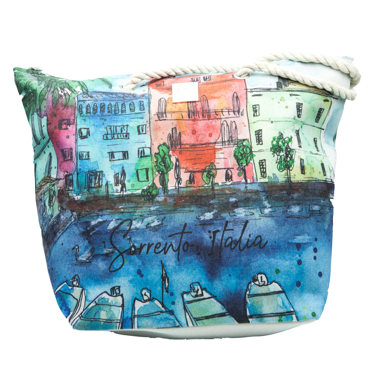 GMV GIAN MARCO VENTURIBolso de playa de verano para mujer y niña, imágenes de costera Amalfitana, gran capacidad, con bolsa a juego, algodón 100% con asas. 48 x 36 x 16 cm