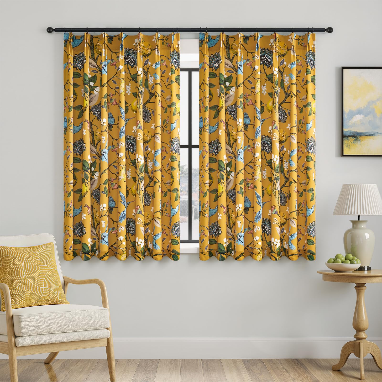 Mustard Yellow Curtains for Living Room Bedroom, Aesthetic Unique Rustic Pinch Pleated Drapes Cottagecore Floral Flower Printed Modern Farmhouse Window Treatment 63 Inch Length 2 Panels