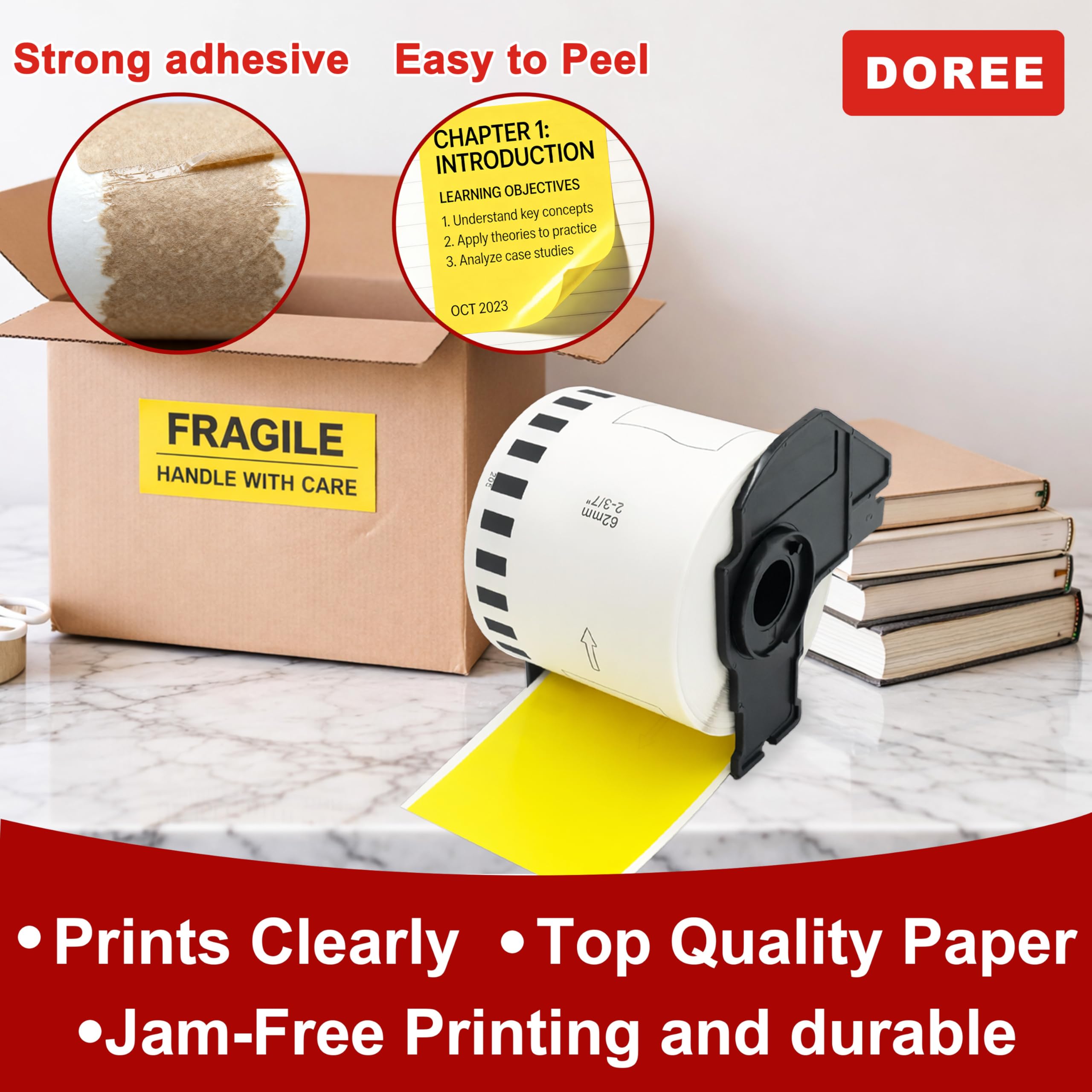DOREE 4 Rollen DK-22205 gelbe Endlosetiketten, kompatibel mit Brother DK-22205, 62 mm x 30,48 m, geeignet für Brother QL-500, QL-550, QL-570, QL-580N, QL-700, QL-800, QL-1060N, QL-1100