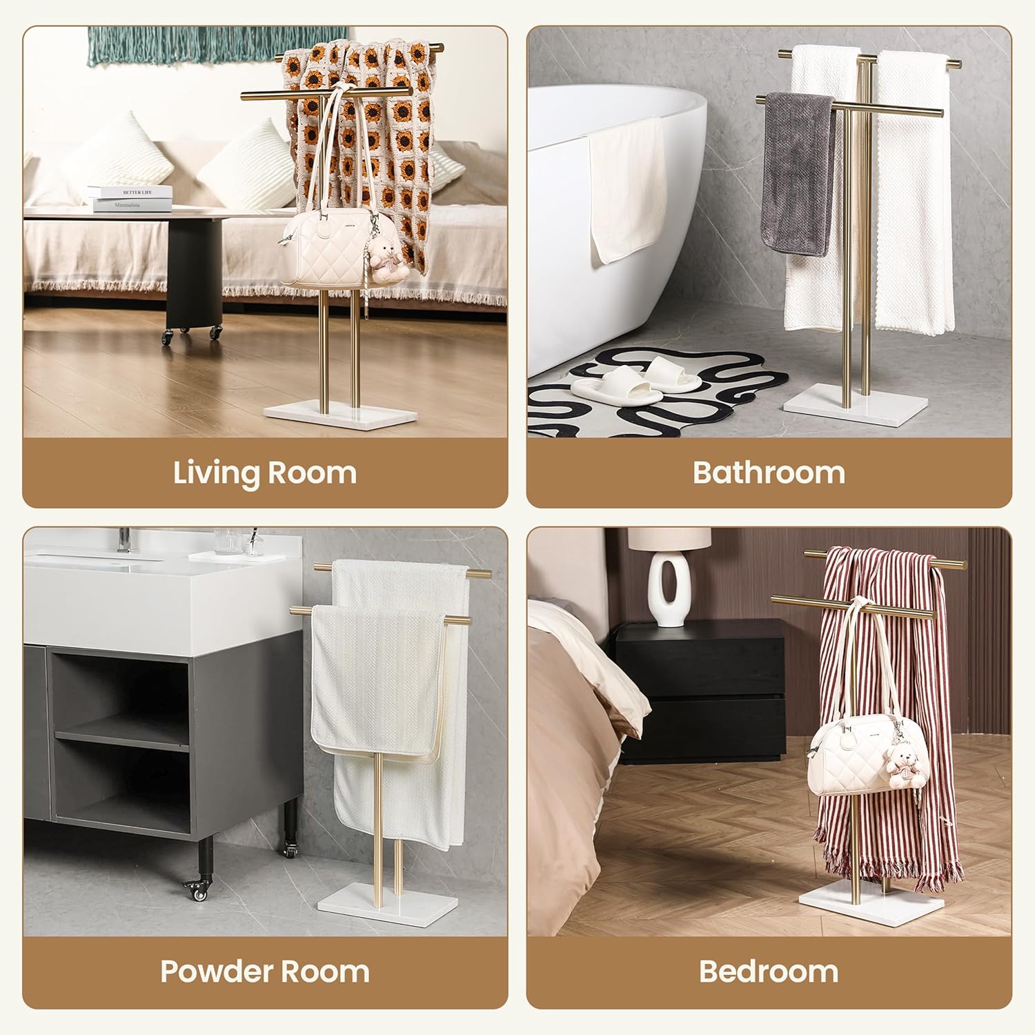 Free Standing Towel Rack for Bathroom - Satin Gold Finish - Stand Alone 2 Tier Stainless Steel Towel Rack for Bathroom Floor with Heavy Marble Base, Double T Shape Drying Stand for Towels