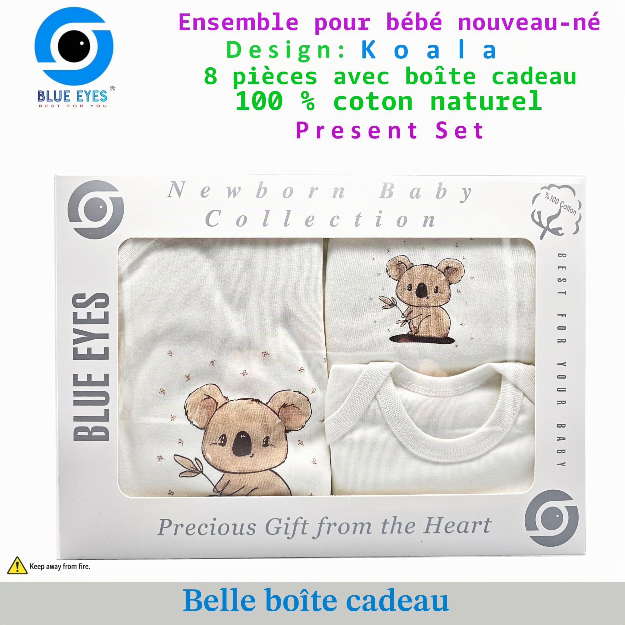 Ensemble cadeau bébé 8 pièces 100% coton naturel nouveau-né 0-4 mois unisexe