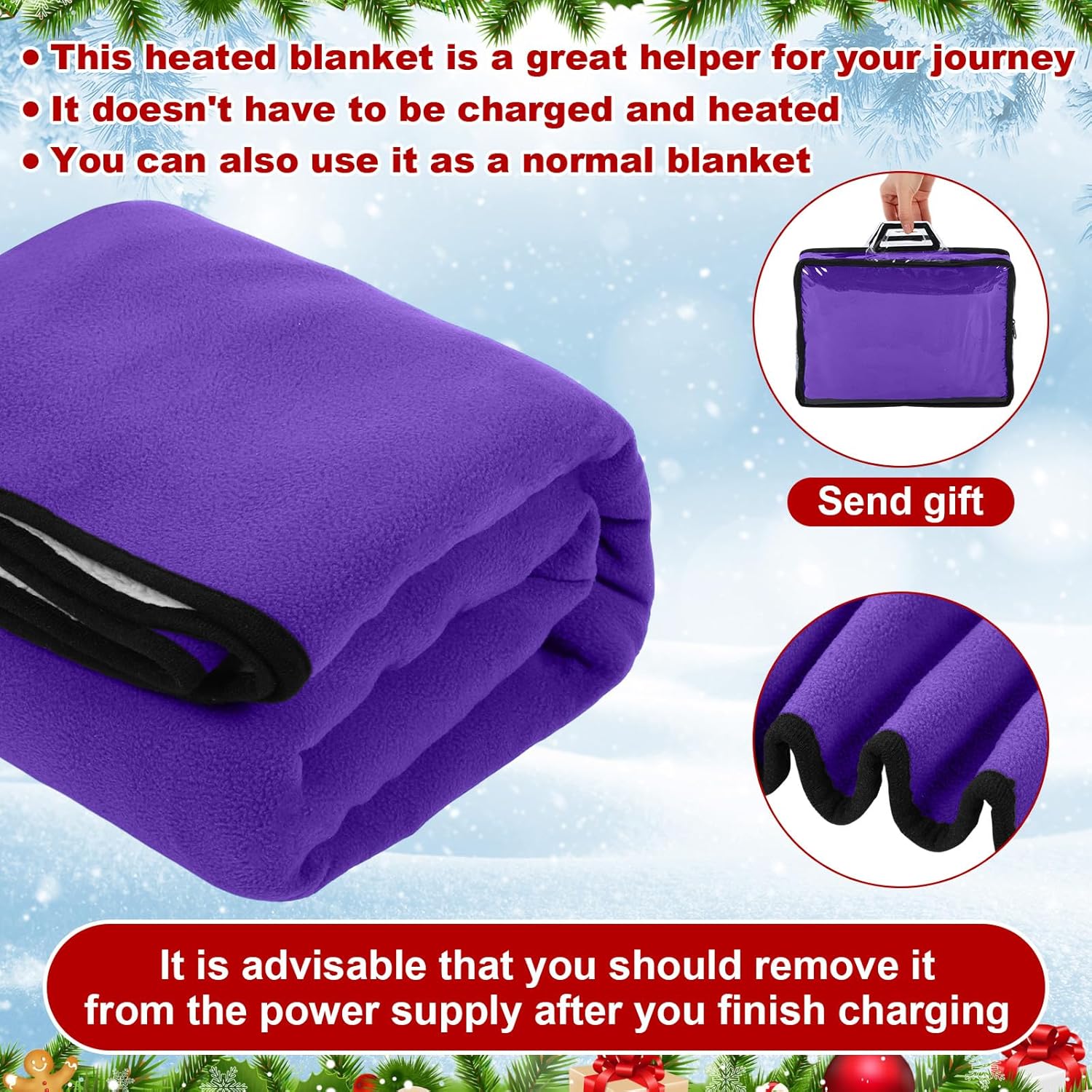 Riakrum 12v Heated Car Blanket 58" x 43", 3 Heating Level Electric Heated Blanket Portable Throw with Temperature Controller Cigarette Lighter Socket for Truck Winter(Purple,Solid) - Image 5