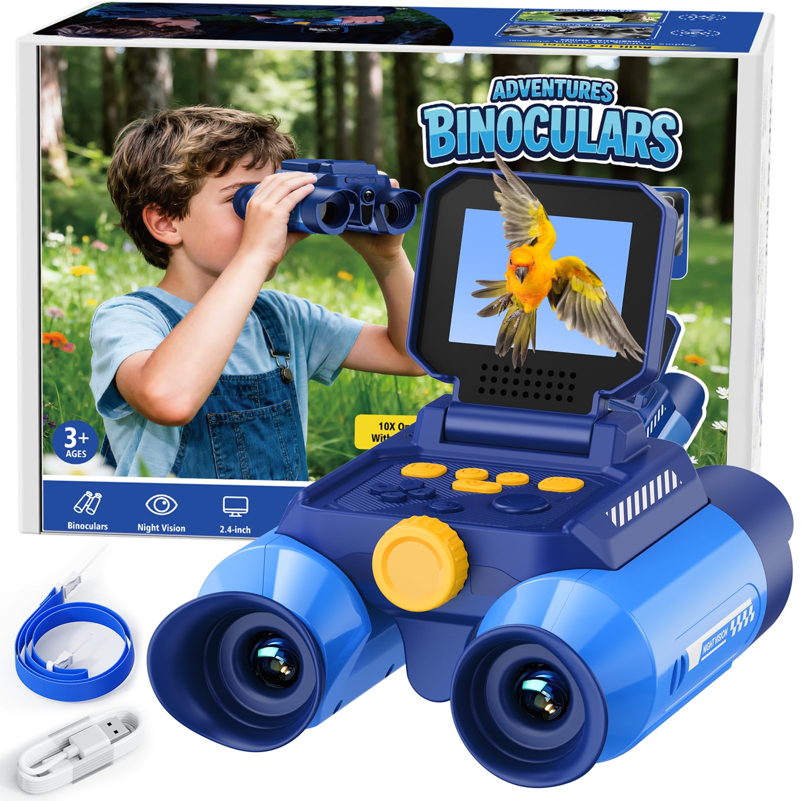 Kids Binoculars with Camera and Night Vision, 10x Optical Magnification Digital Binocular with 2.4" HD Screen & 20 Games, STEM Outdoor Exploration Camping Toys Gifts for Boys Girls Age 7-12+ (Blue)