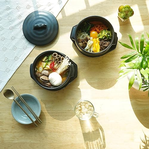 Miniatura 7 de Cuenco de piedra coreana premium con tapa y plato, olla de arcilla para cocinar olla caliente, dolsot bibimbap y utensilios de cocina de sopa