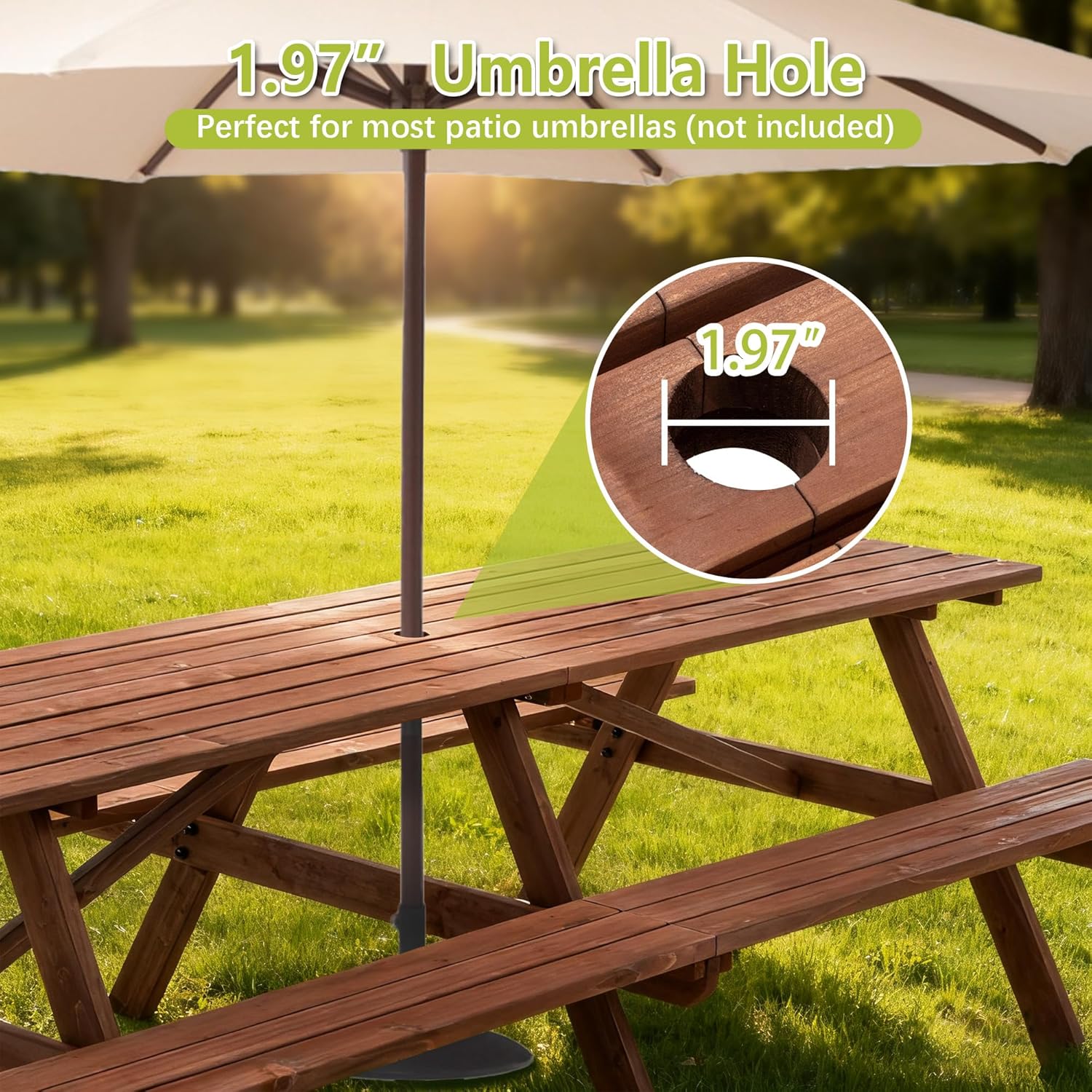 94.5" Picnic Table with Bench for 12 Person Extra Large Rectangle Outdoor Wooden Outdoor Picnic Tables for Patio Garden Backyard Large Outside Dining Table Set with Umbrella Hole