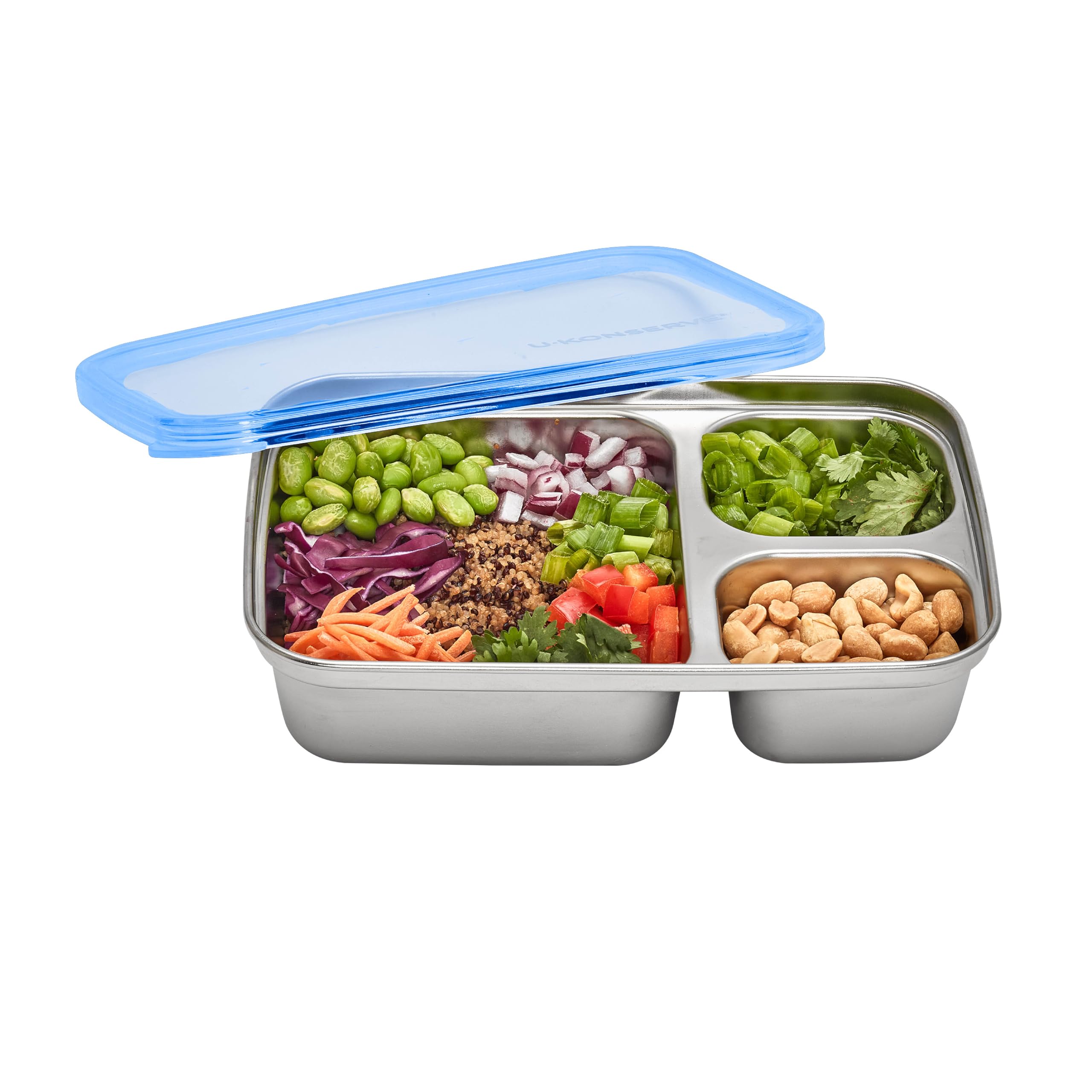 U Konserve Stainless Steel Rectangle Divided 3 Section Food Storage Bento Box Container, Leak Proof Silicone Lid Dishwasher Safe - Plastic Free, (24oz