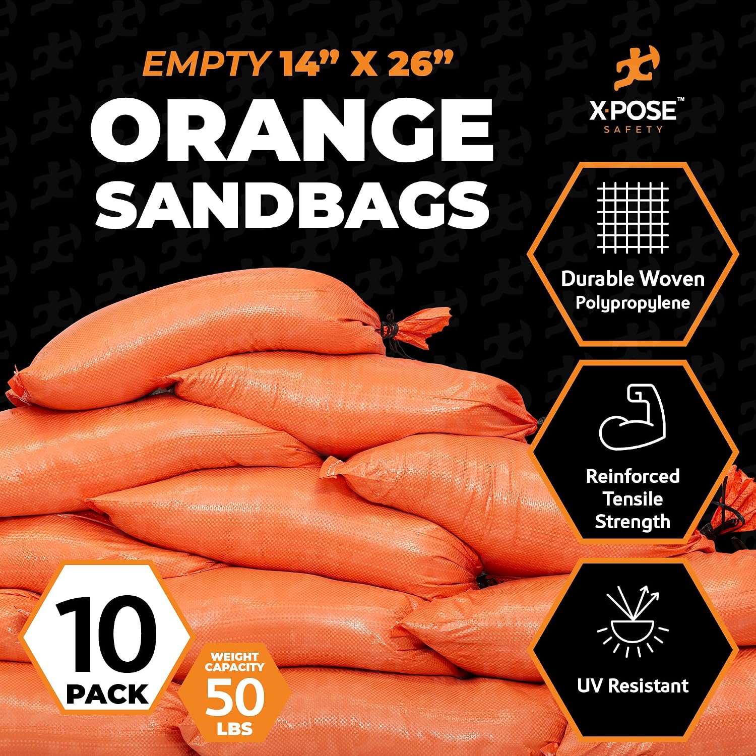 Xpose Safety Heavy Duty Sand Bags with Tie Strings – Empty Woven Polypropylene Sandbags for Hurricane Flood Protection, 50 lb Capacity, 14" x 26", Orange, Pack of 10