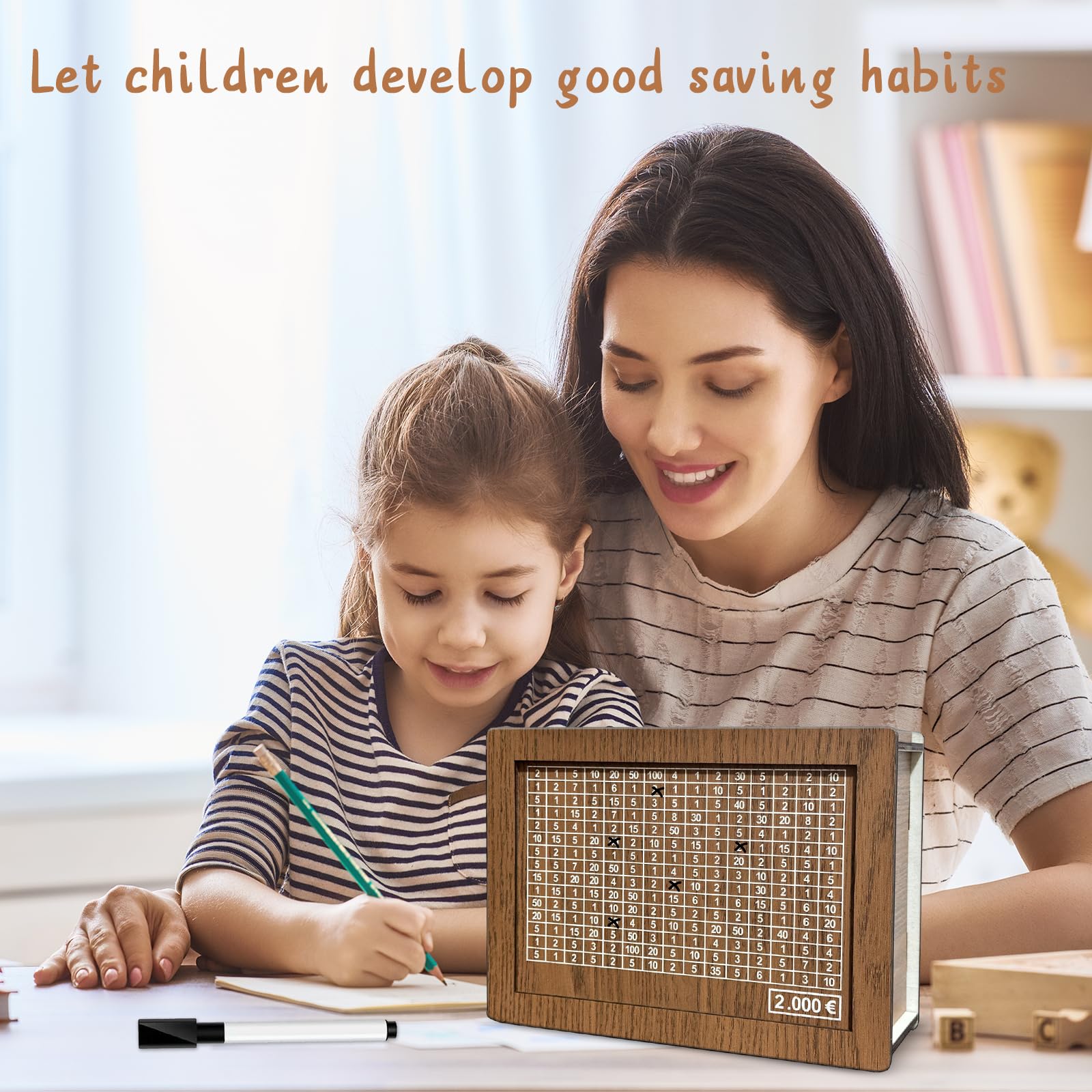 Lithyc Huchas - Hucha de Monedas de Madera - Huchas Reutilizables,Apto para Adultos y NiñOs, con Objetivos de Ahorro y Hucha Digital Marcable (2000€)
