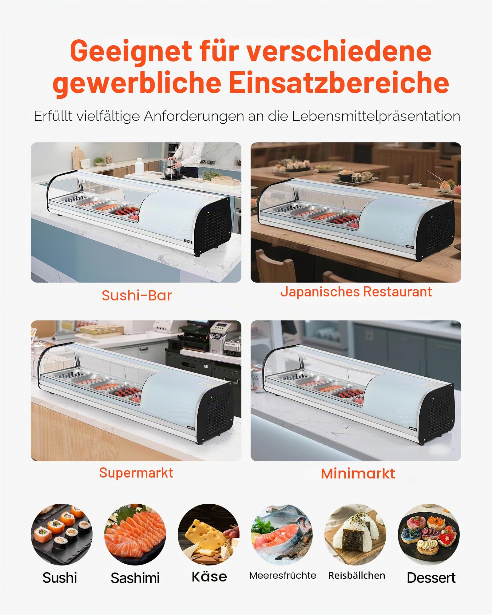 VEVOR Sushi Kühlvitrine 52 L kommerzielle Vitrine Kühlaufsatzvitrine (5 Pfannen) mit gebogenem Glas & LED-Beleuchtung & digitaler Temperaturregelung, Kühlschrank für Theke Restaurant Geschäft