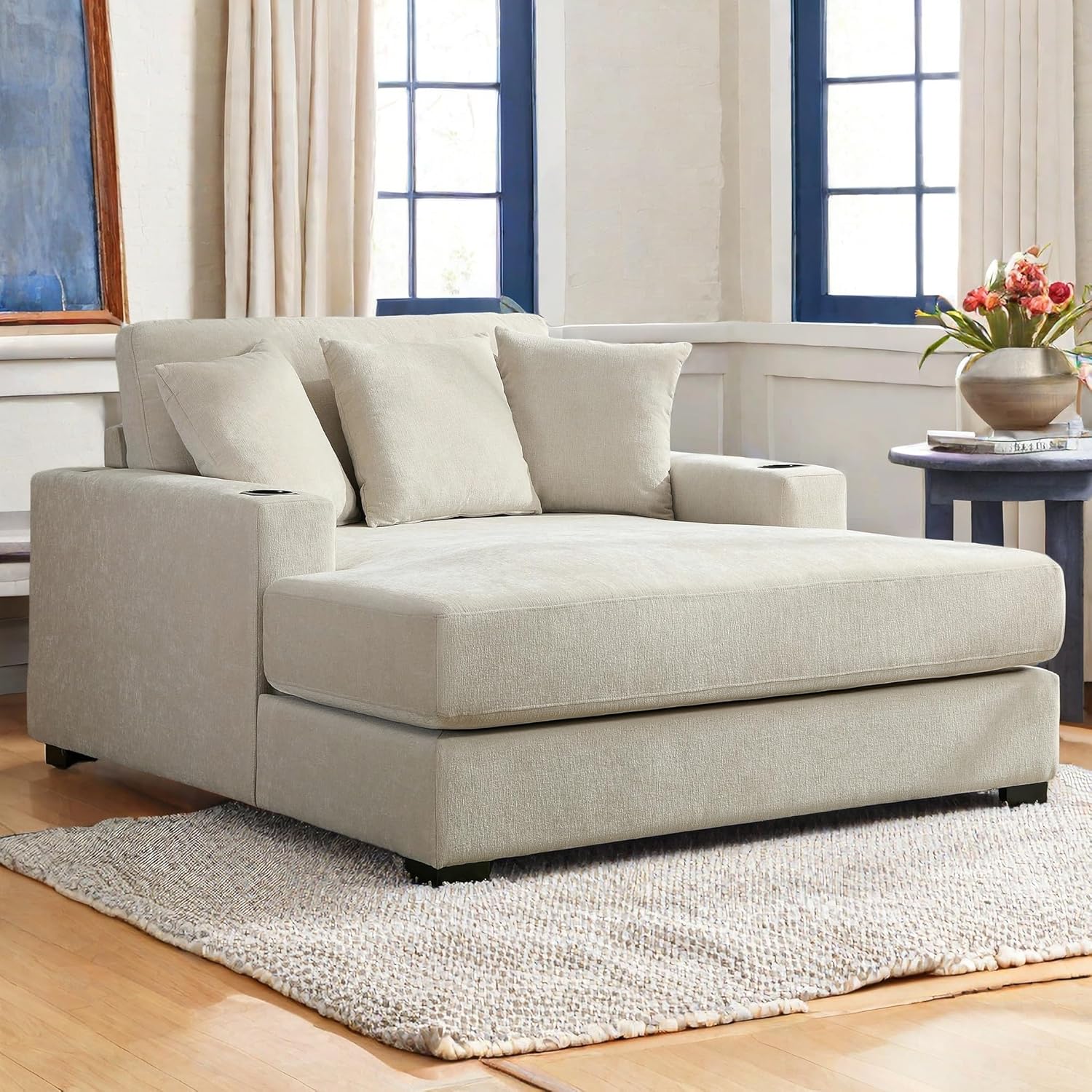Modern 55" Oversized Chaise Lounger, Luxurious Chenille Fabric Single Sofa Chair with Pillows, Charge Station & Cup Holders for Living Room Apartment Offices (Cream-55'')