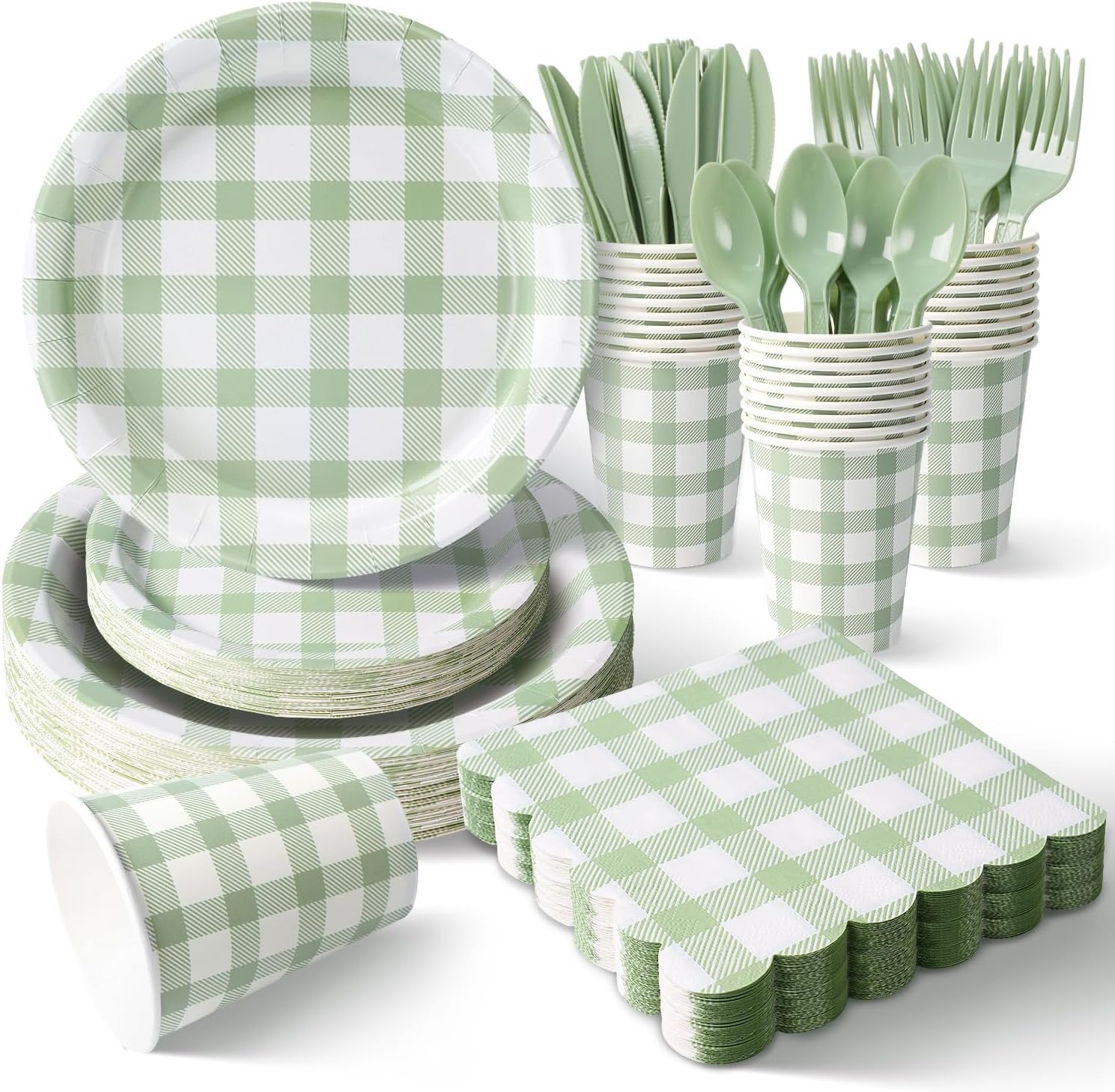 Vyntra 350 Pcs Paper Plates and Napkins Dishware Set (Serve 50) - Includes 9” Dinner & 7” Dessert Plates, 9oz Cups, Napkins, Spoons, Forks, Knives - Disposable Party Tableware - Gingham Sage Green Z-Sage Green Gingham