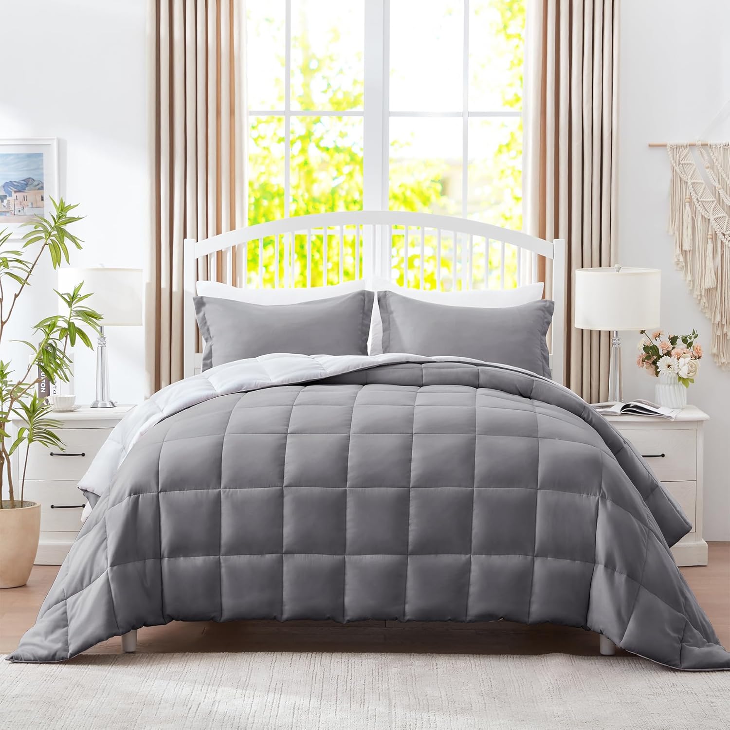SunStyle Home Queen Comforter Set - 3 Pieces Box Stitched Reversible Comforters Queen Size, Lightweight Bedding Sets with 1 Down Alternative Comforter and 2 Pillow Shams for All Seasons,Gray