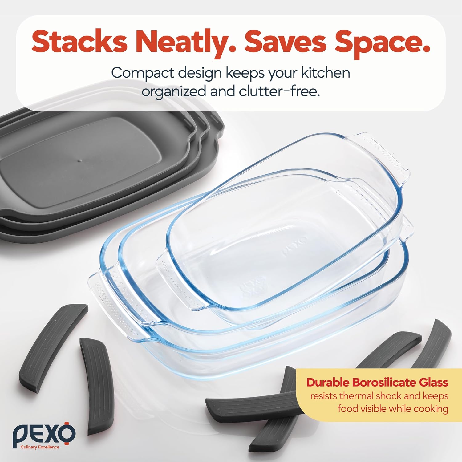PEXO 6-Piece Glass Baking Dishes with Lids, Clear Glass Bakeware with Silicone Handles, (2.11QT, 3QT, 4.12QT) Casserole Dishes, Oven Dishwasher and Freezer safe, Rectangular Stackable Nesting Baking Dish set (Gray)