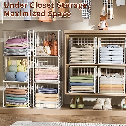 Miniatura 6 de Paquete de 4 organizadores de armario y almacenamiento con parte superior de madera, organizador de estante apilable para armario, diseño de doble