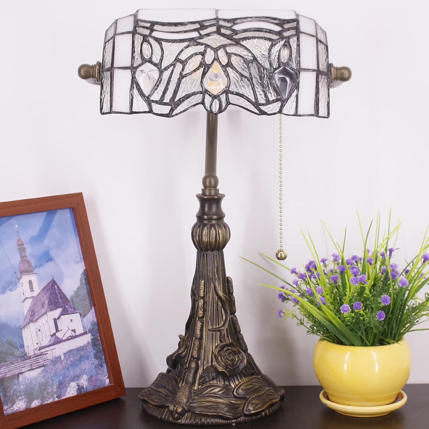 Tiffany Banker Lamp Small Stained Glass Table Lamp Tiffany Style Piano Light White Bending Style Desk Lamp Angle Adjustable 10.6X15.7 Inch for Home Office Living Room Bedroom