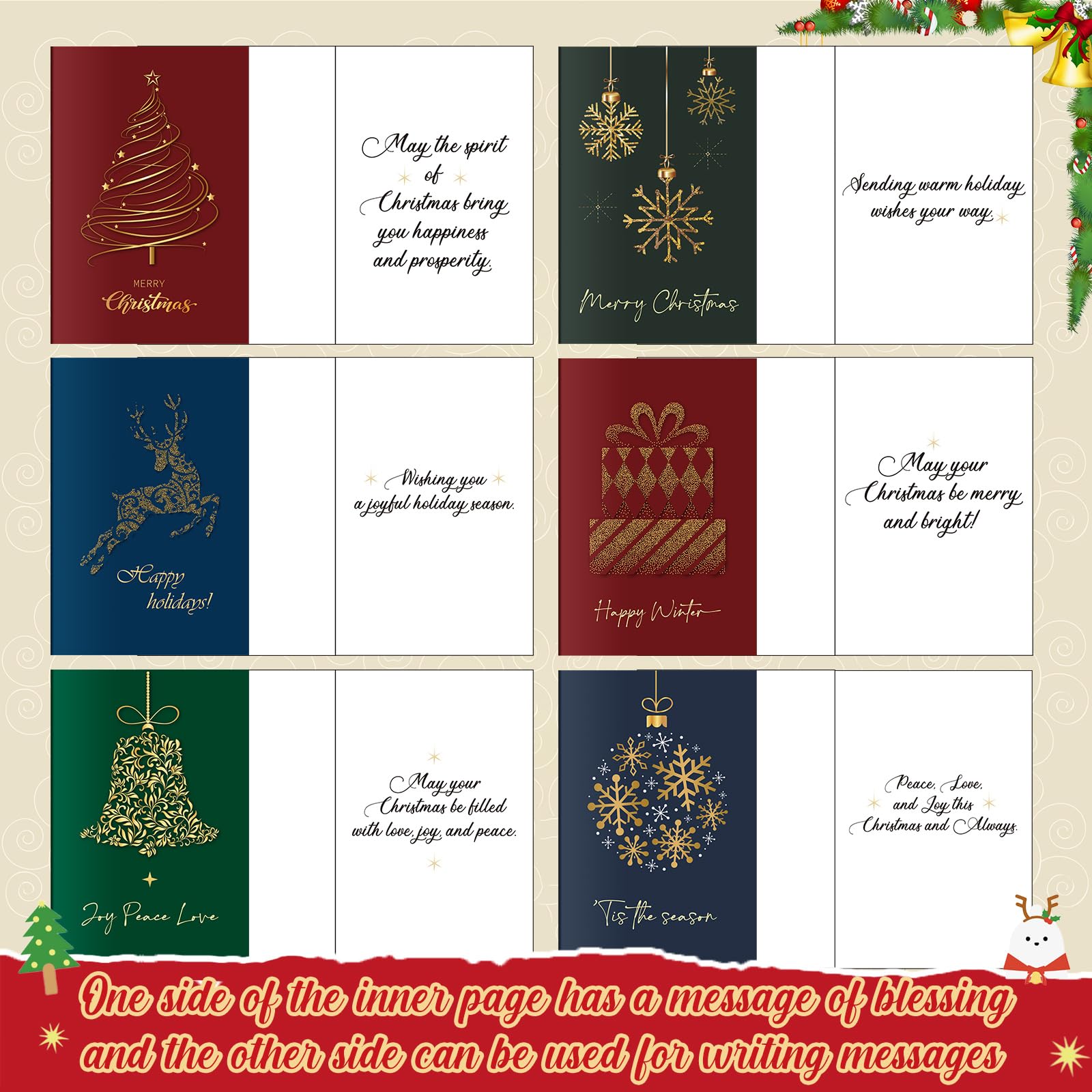 Crtiin Lot de 240 cartes de vœux de Noël en feuille d'or en vrac avec enveloppes et autocollants, 6 motifs assortis, 15 x 10 cm, fournitures d'invitation festives