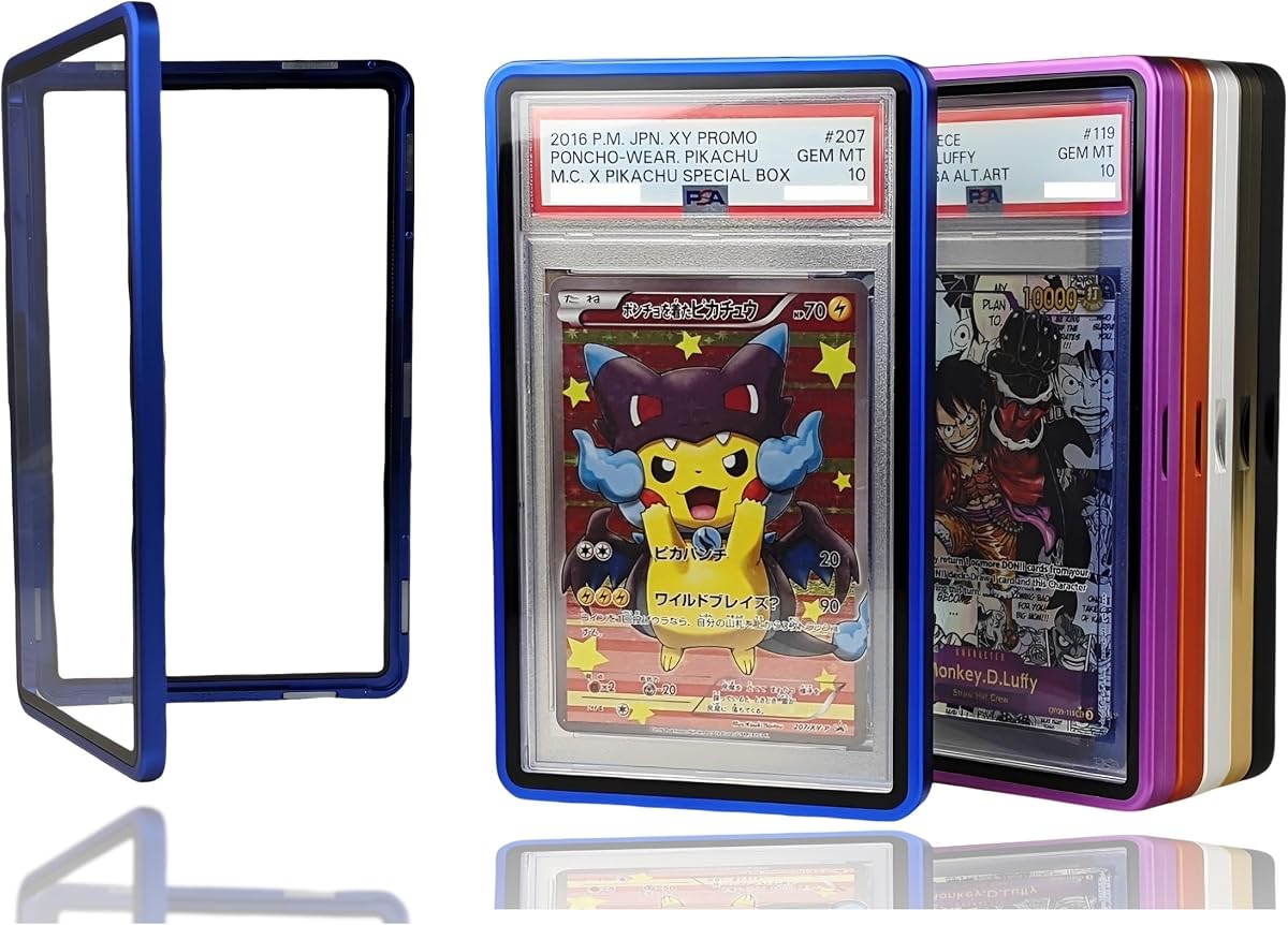 Portatarjetas magnético de aluminio con clasificación PSA Vitrina protectora de losa PSA premium 35PT con vidrio resistente a los rayos UV Se adapta a tarjetas comerciales deportivas con clasificación PSA estándar - Azul eléctrico