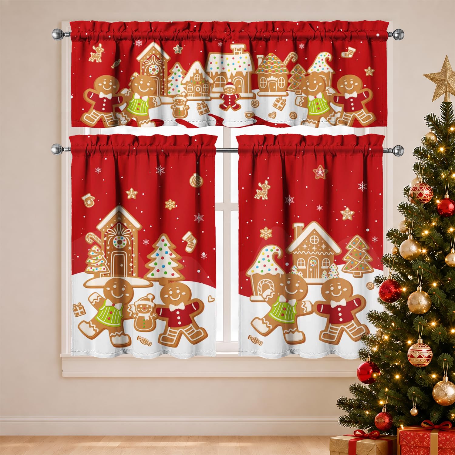 Christmas Snowman Kitchen Curtains 3 Piece Set Tier Valance