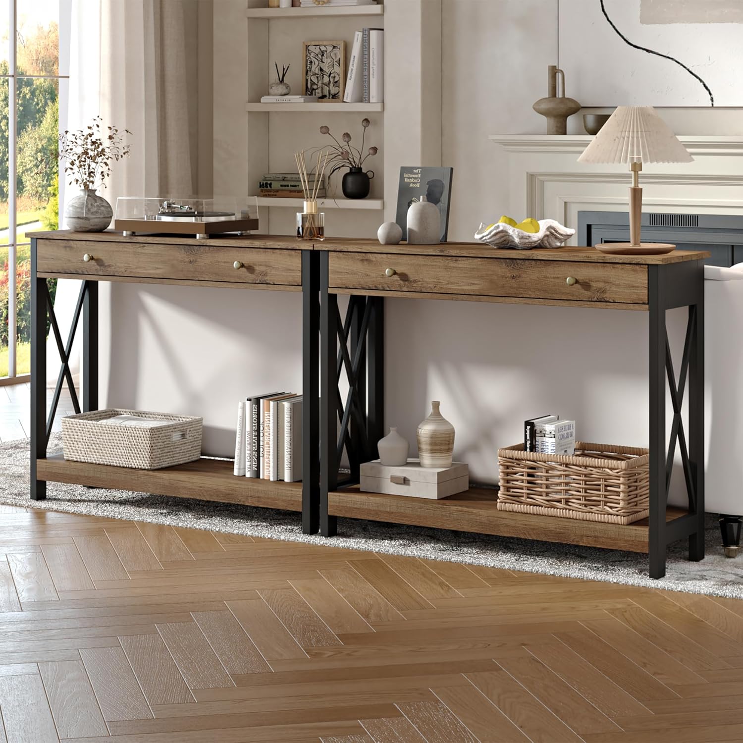 Treocho Console Table with Drawer and Storage Shelves, Foyer Sofa Table Narrow for Entryway, Living Room, Hallway Rustic Oak & Black