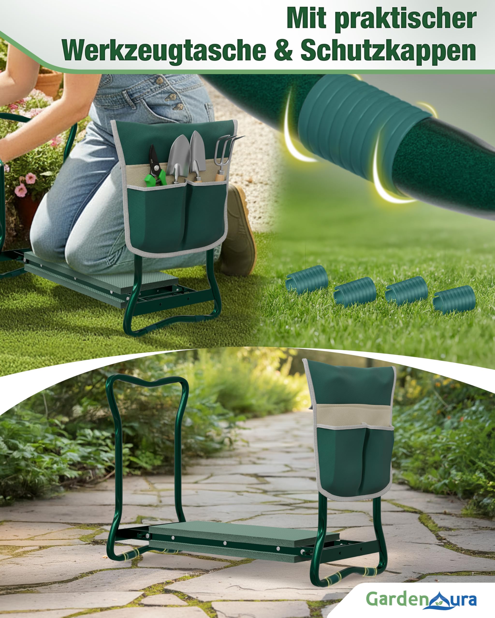 Reposarodillas para jardinería – Taburete de jardín con bolsa de herramientas – Banco de jardín – Banco de rodillas de jardín respetuoso con la espalda y las articulaciones, soporta hasta